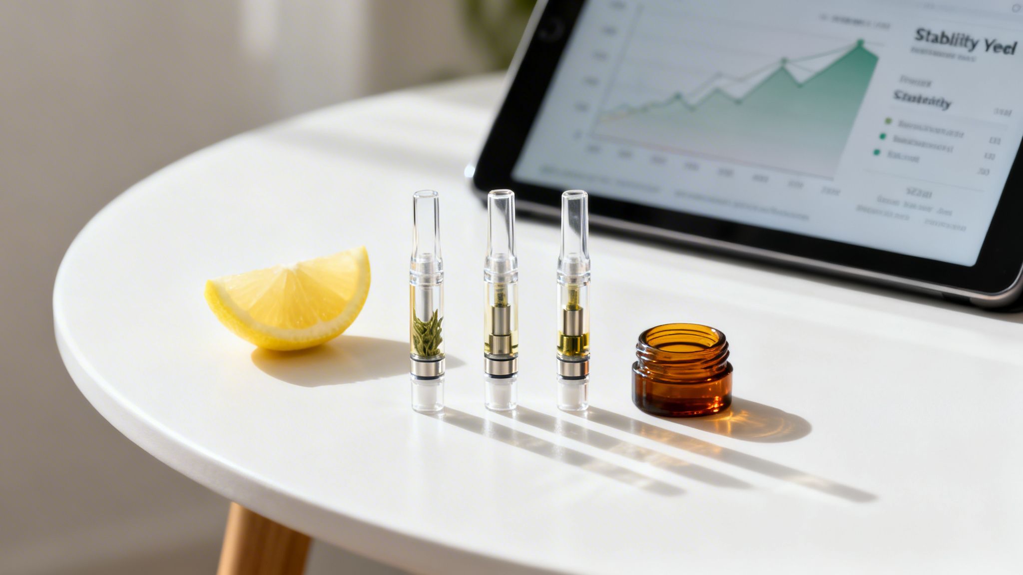 Lemon slice, three vape cartridges with oil and plant, amber jar, and tablet on white table.