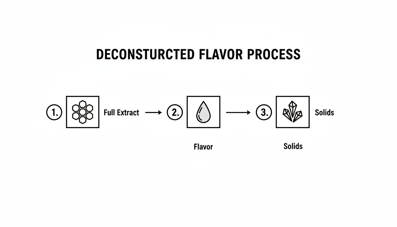Diagram illustrating a deconstructed flavor process, showing full extract, flavor, and solids stages.
