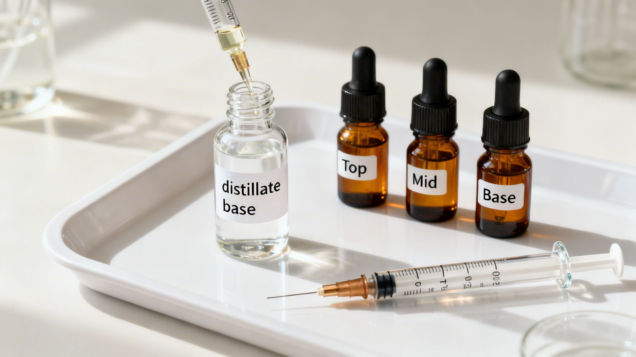 A syringe dispenses liquid into a "distillate base" bottle, with three dropper bottles labeled "Top," "Mid," and "Base" on a lab tray.