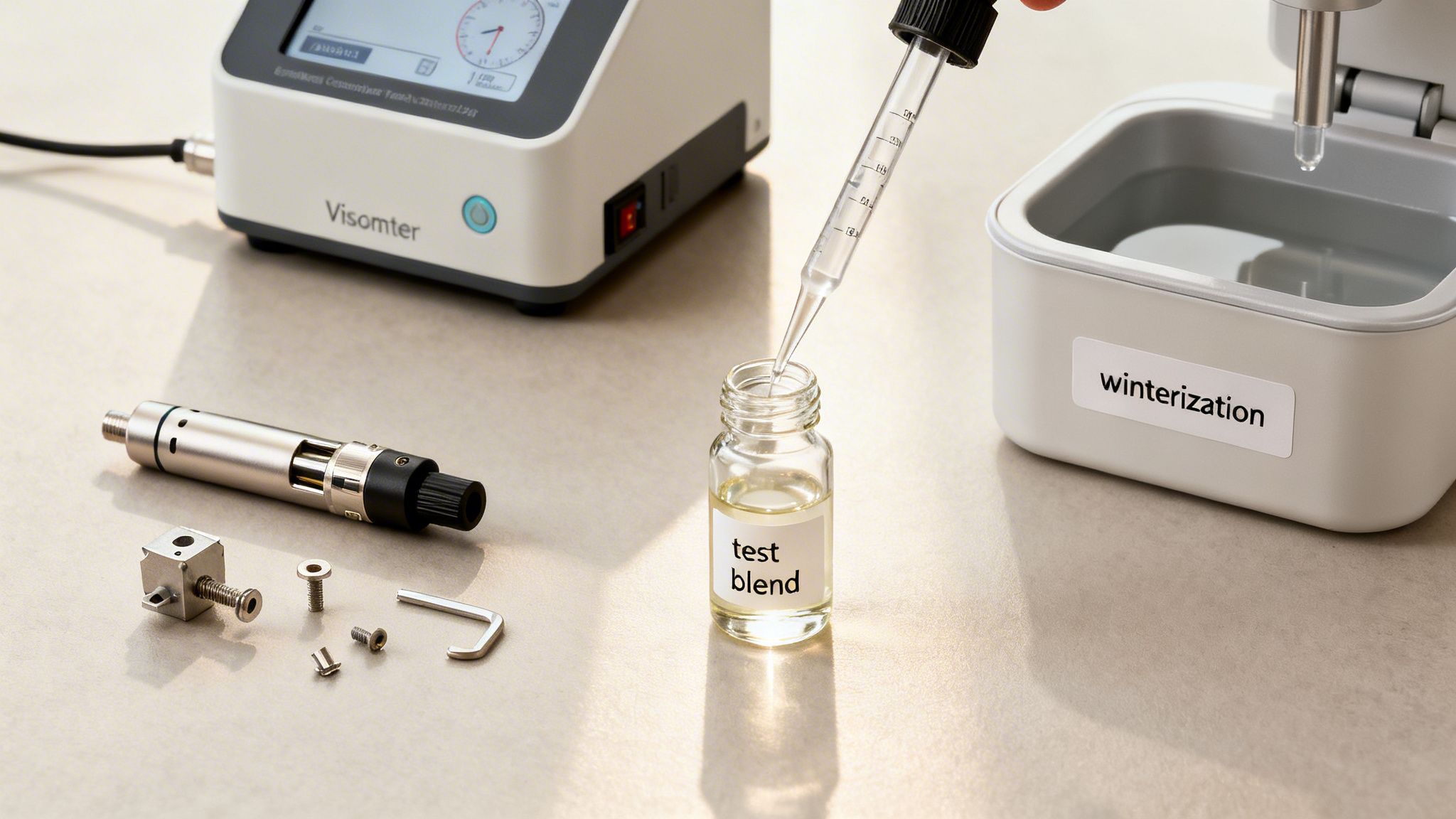 Scientist using dropper to add 'test blend' liquid, with Visomter equipment and 'winterization' container.