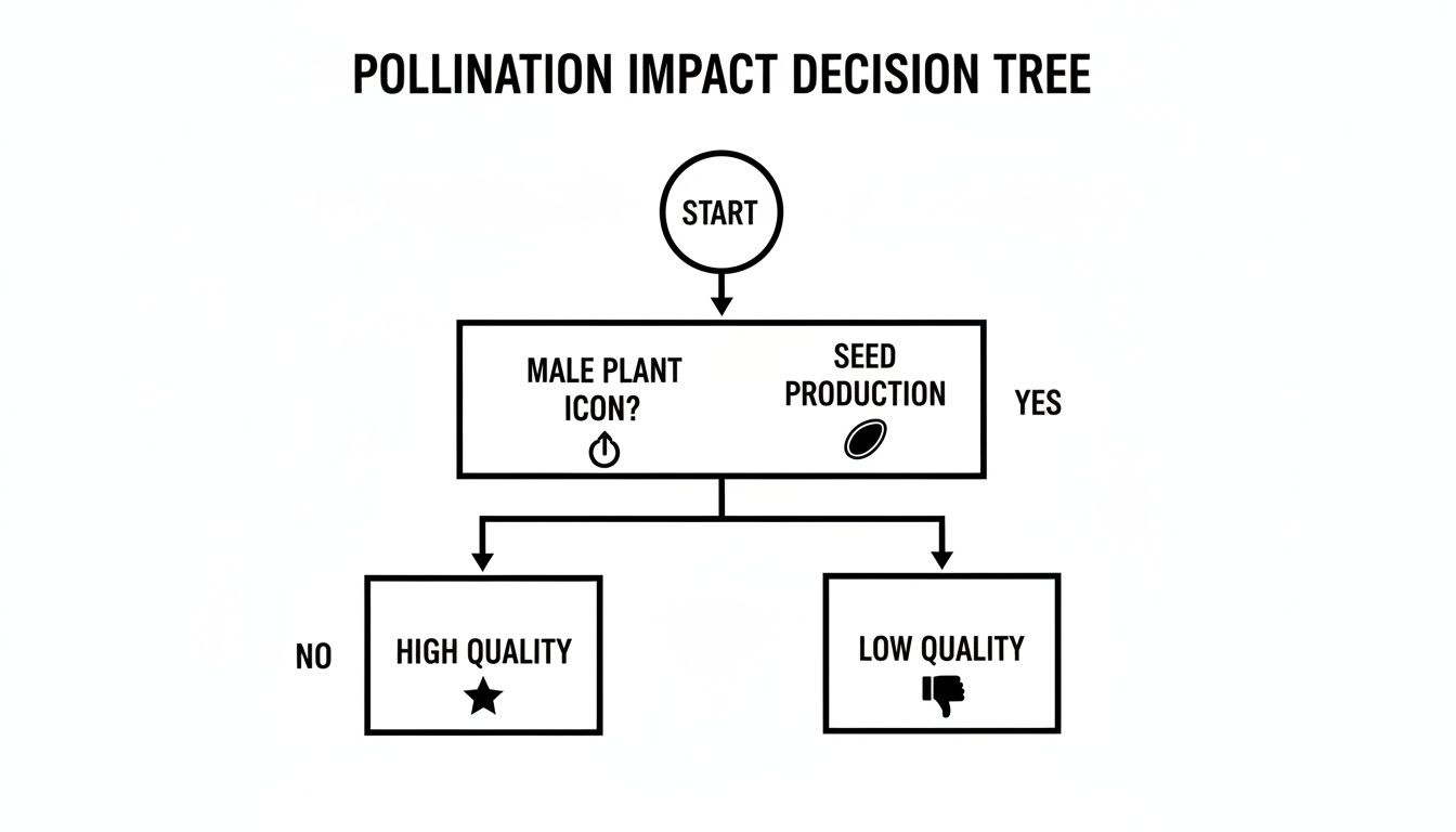 A decision tree illustrating the impact of pollination, leading to high quality without male plants and low quality with seed production.