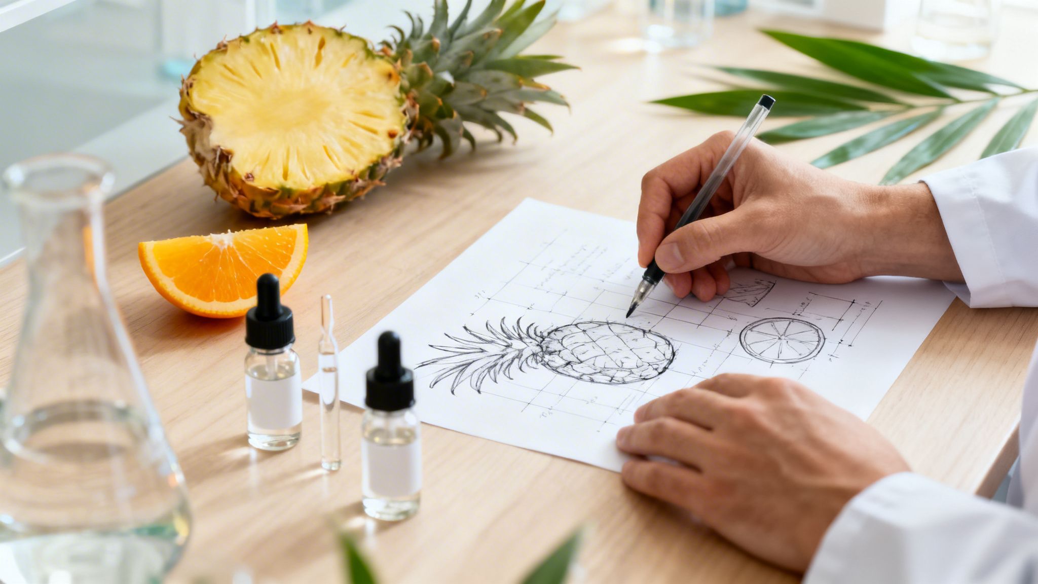 Scientist drawing a pineapple, surrounded by fresh fruits, lab beakers, and vials on a wooden table.