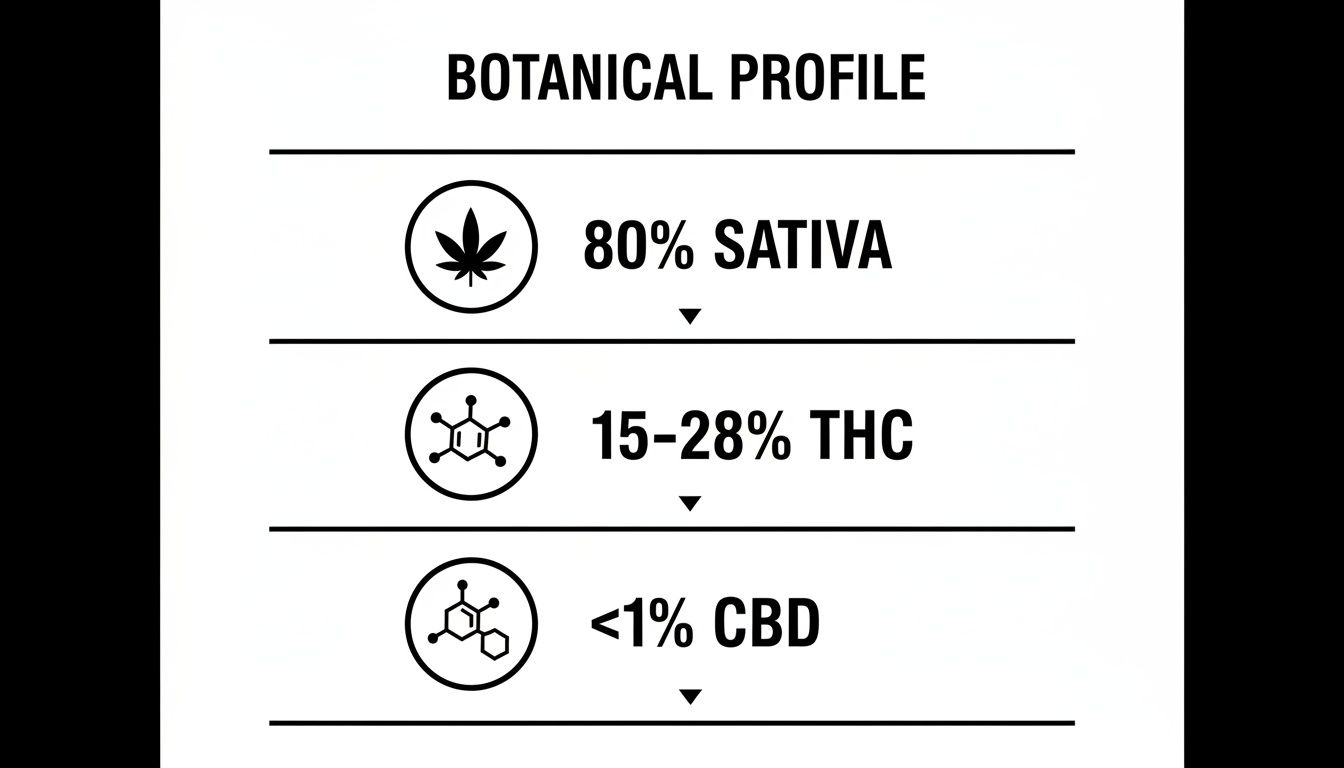 Botanical profile chart for a cannabis strain showing 80% Sativa, 15-28% THC, and <1% CBD.