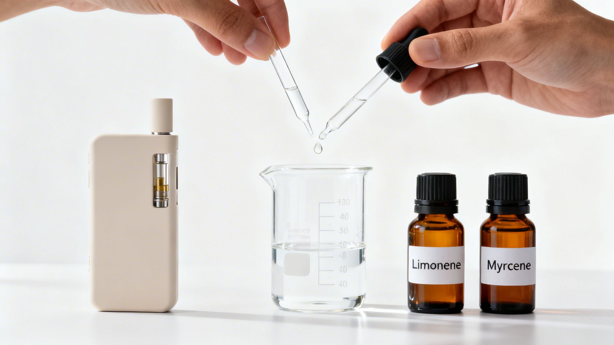 Two hands adding liquids with droppers to a beaker next to a vape pen and terpene bottles.