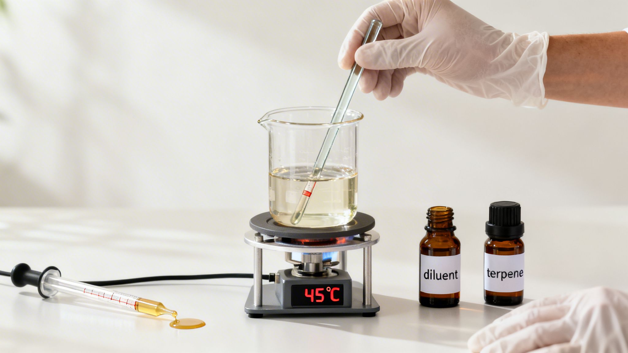 A person in gloves stirs liquid in a beaker on a 45°C hot plate, with diluent and terpene bottles.