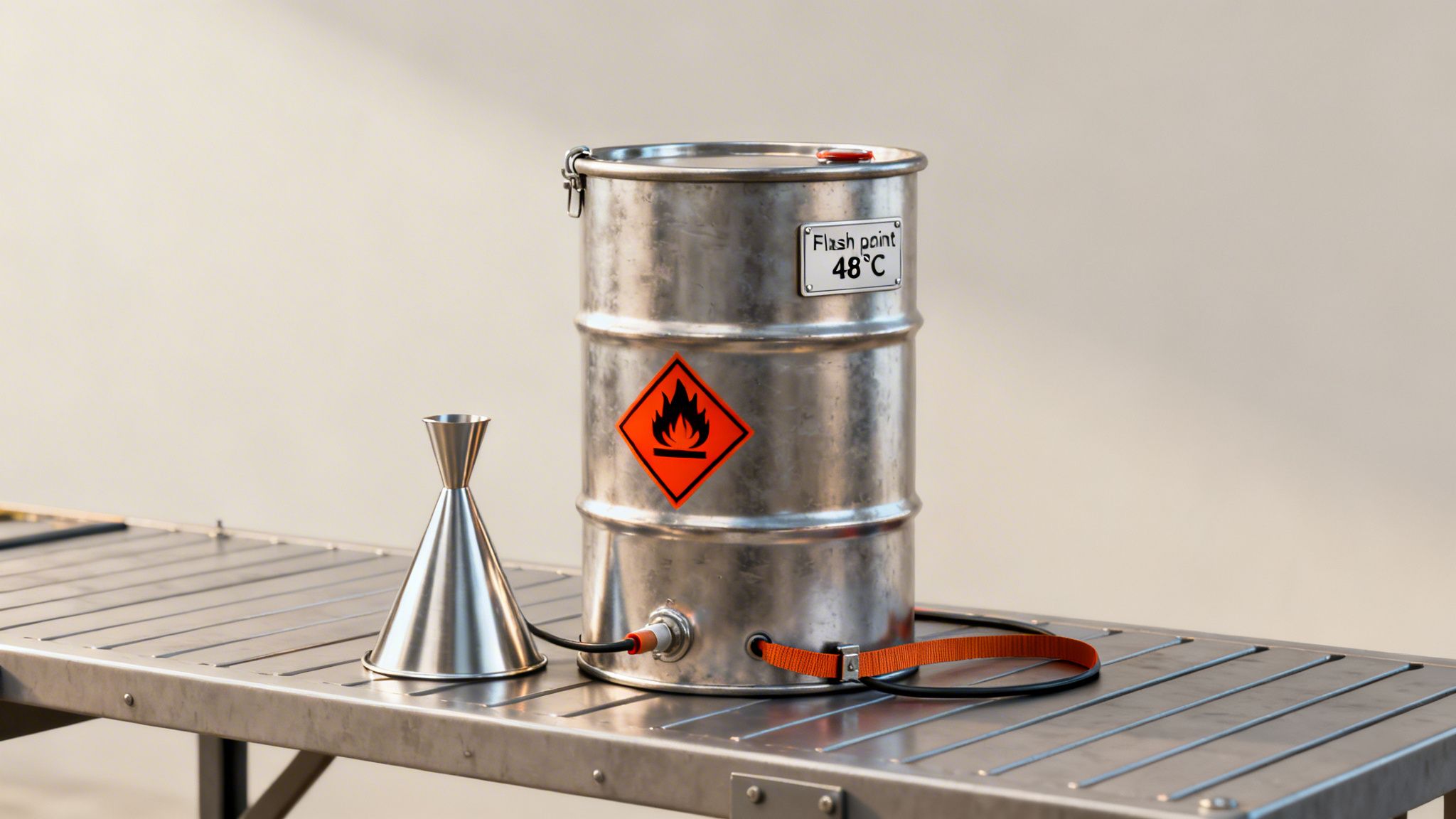A metal drum with 'Flash point 48°C' label and flammable symbol on a ribbed table.
