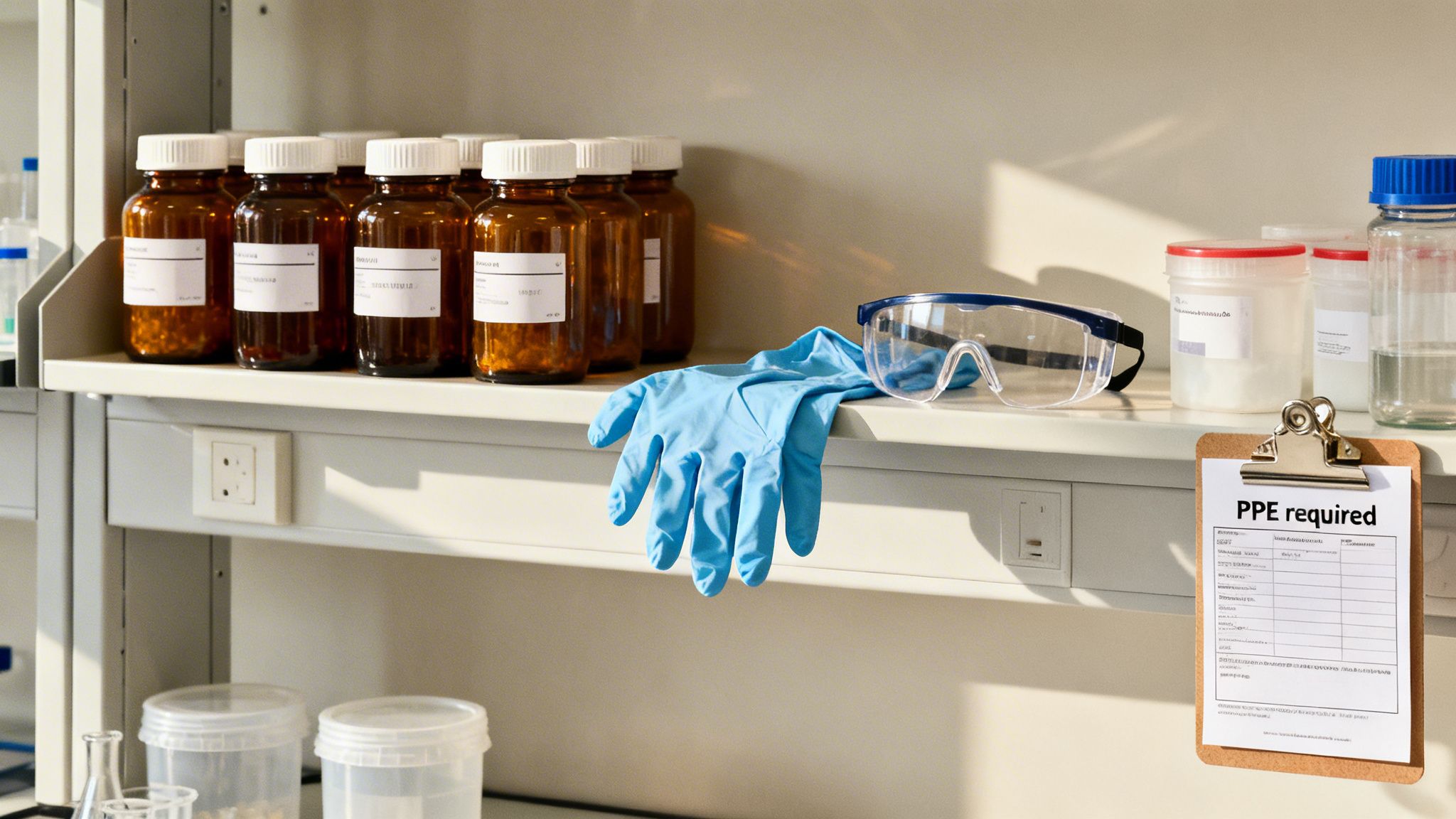 A laboratory shelf with amber chemical bottles, blue safety gloves, goggles, and a 'PPE required' clipboard.