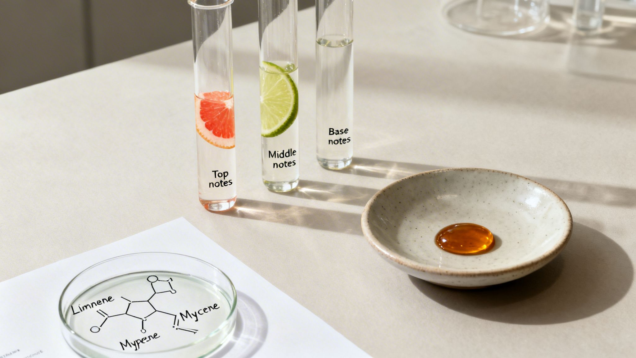 Test tubes with citrus, petri dish with chemical structures, and fragrance oil for perfume making.