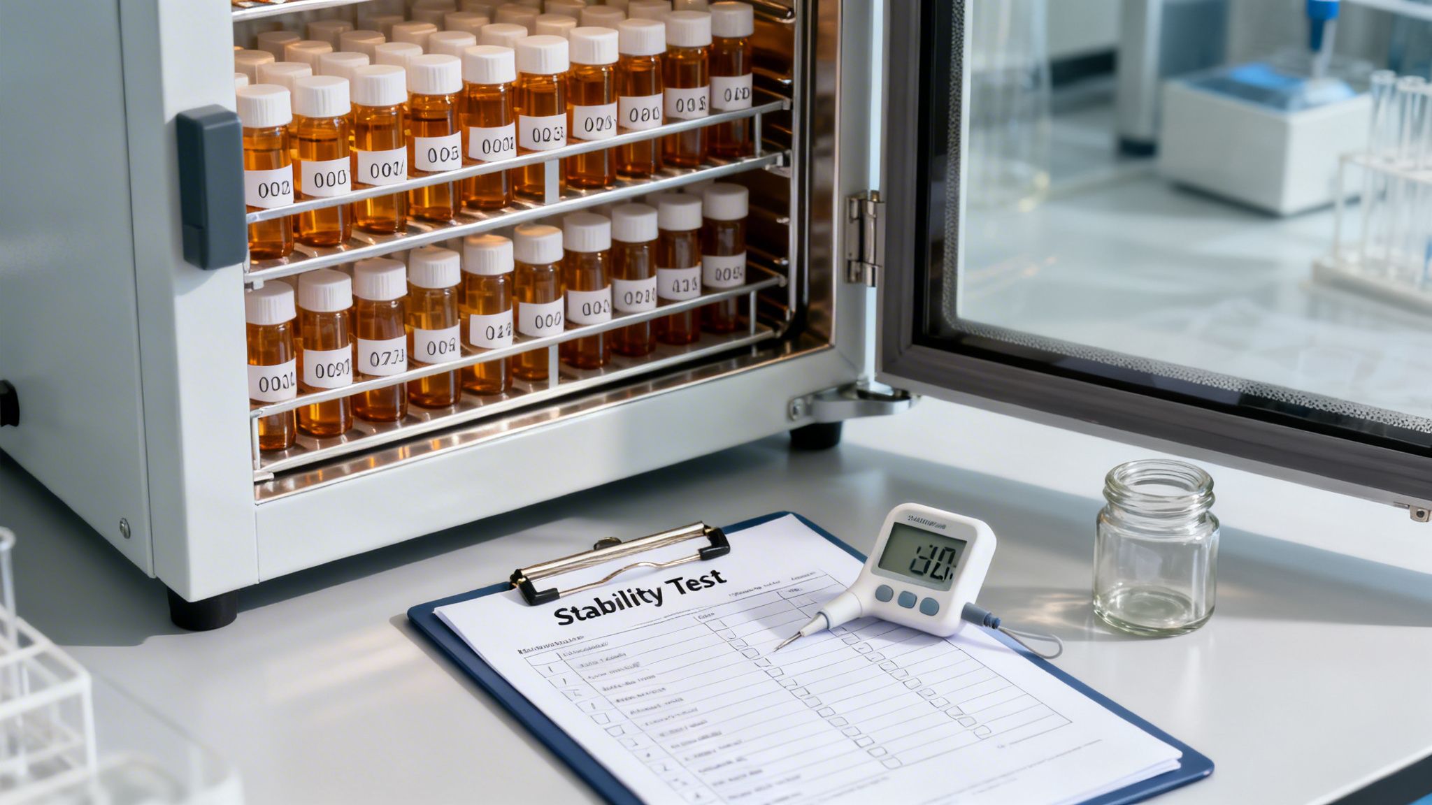 Laboratory incubator full of numbered vials for a stability test, with a thermometer displaying 30.