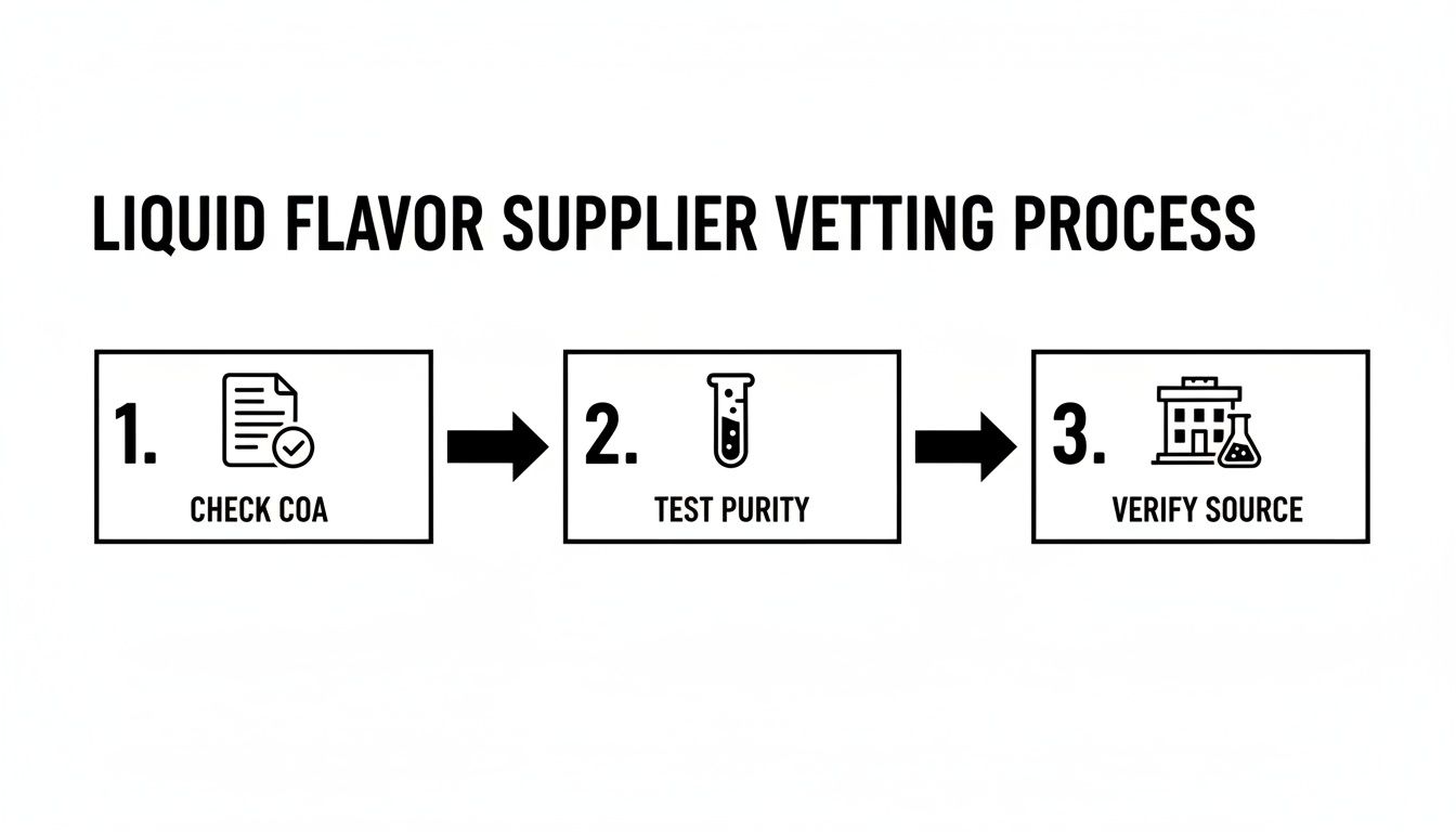 Infographic showing a 3-step liquid flavor supplier vetting process: Check COA, Test Purity, Verify Source.