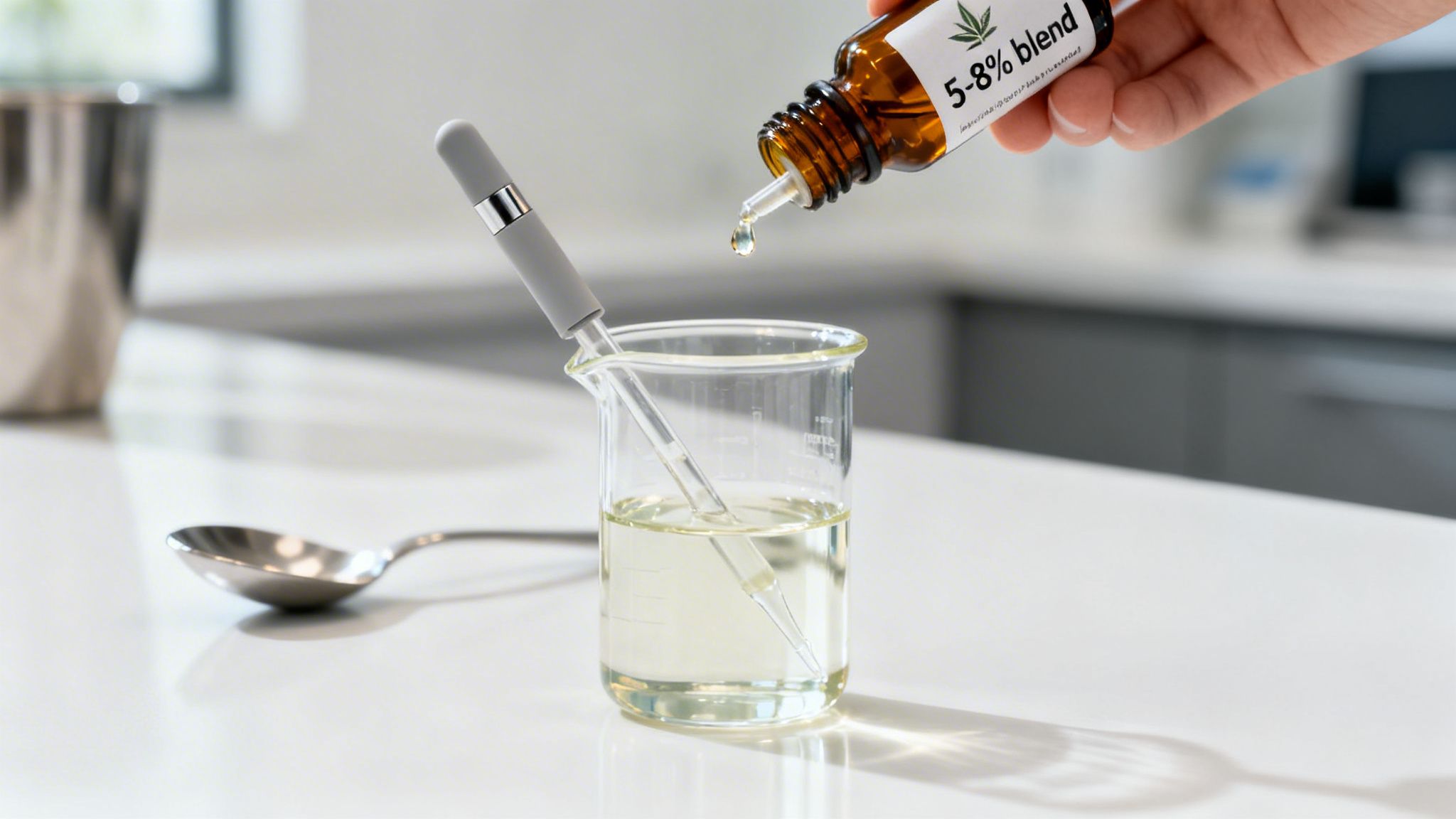 A hand drips '5-8% blend' CBD oil from a bottle into a beaker with a pipette.