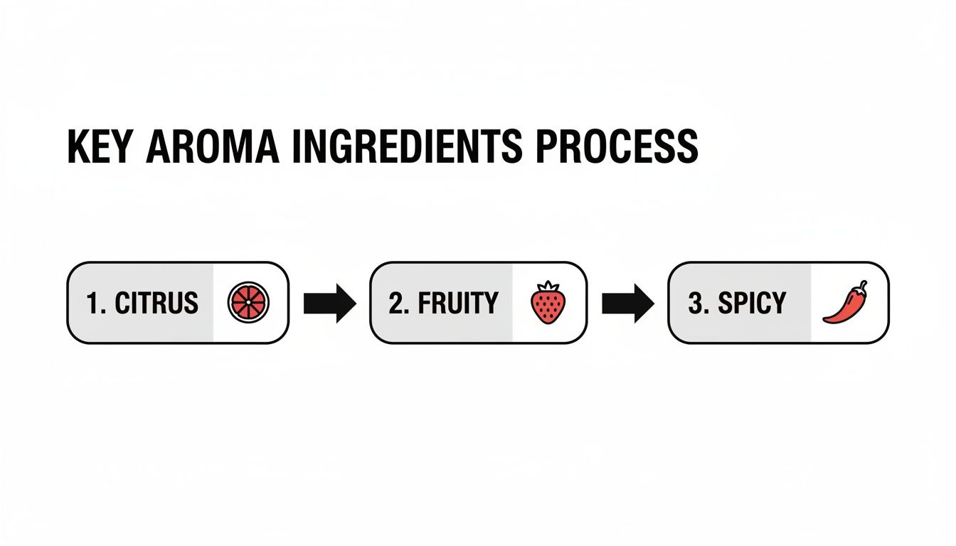 Process diagram showing key aroma ingredients: citrus, fruity, and spicy with corresponding icons.