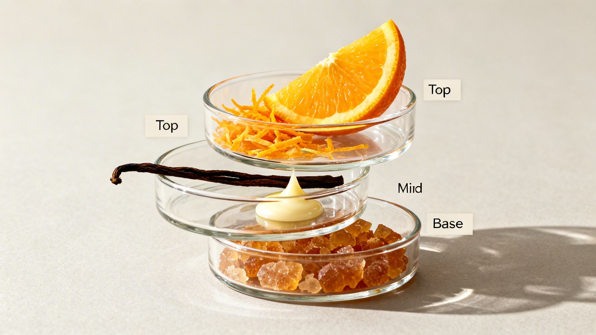 Stacked glass dishes illustrate fragrance notes: orange peel and slice (top), vanilla bean and cream (mild), amber crystals (base).