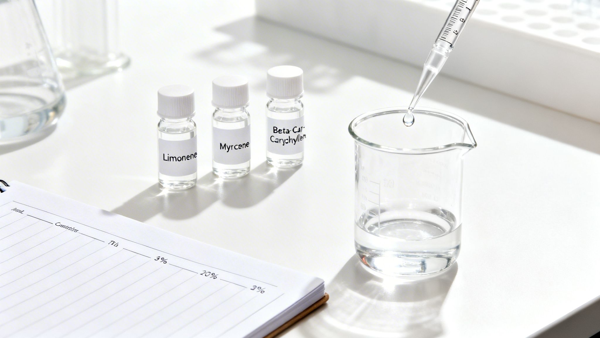 Pipette dripping liquid into a beaker on a lab bench with labeled vials of Limonene, Myrcene, and Beta-Caryophyllene.