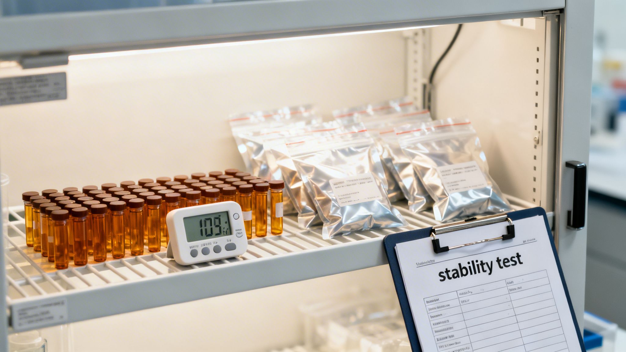Amber vials and foil bags undergo a stability test in a laboratory incubator with a digital timer.