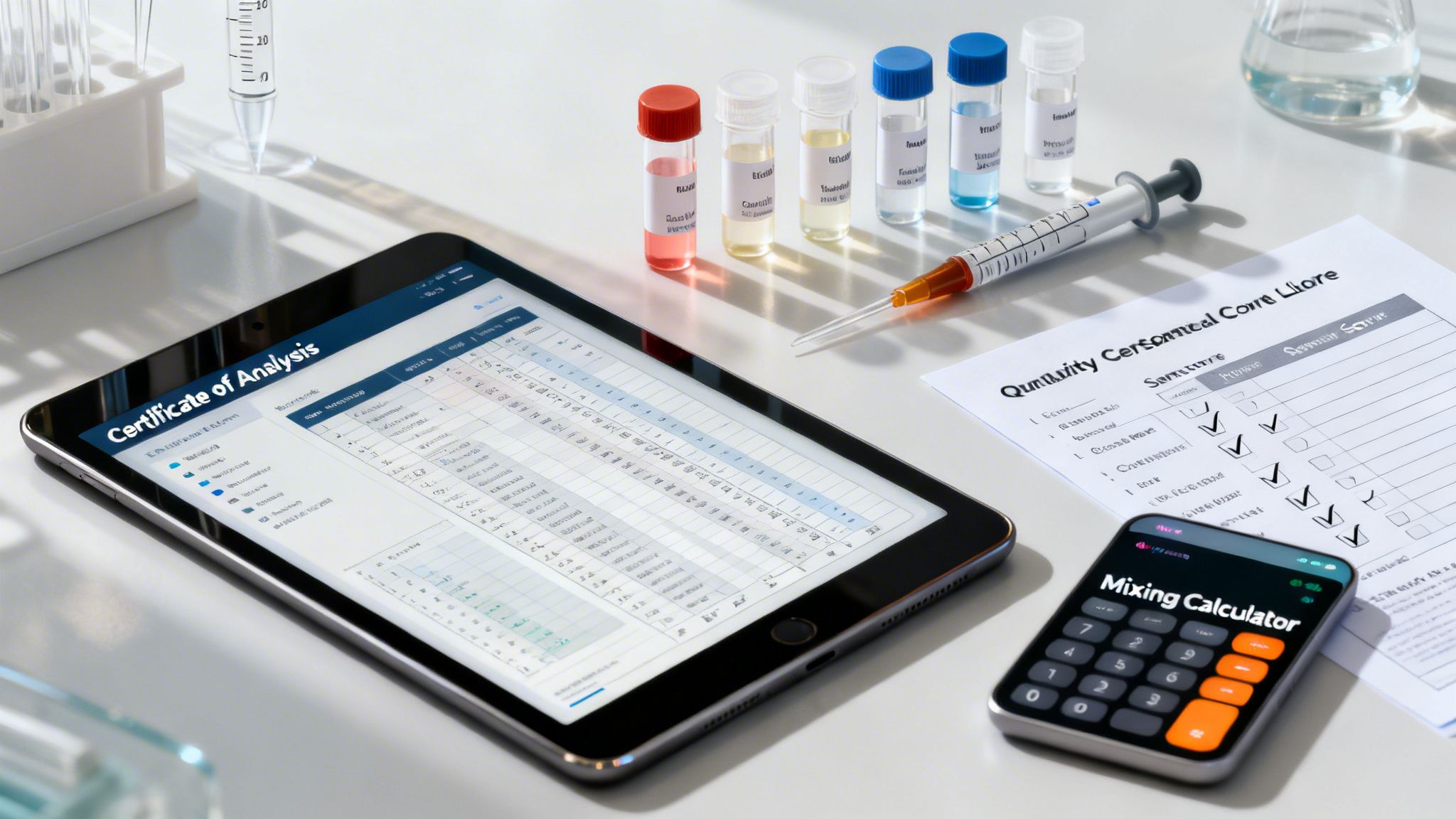 A laboratory desk with a tablet showing a certificate of analysis, test tubes, a syringe, and a smartphone calculator.
