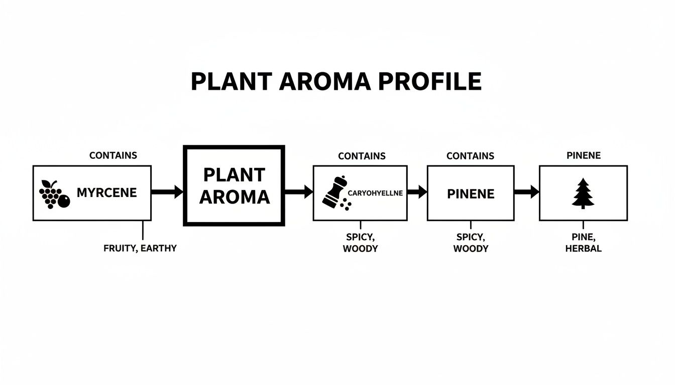 Flowchart illustrating plant aroma profiles, including Myrcene (fruity, earthy), Caryophyllene (spicy, woody), and Pinene (pine, herbal).