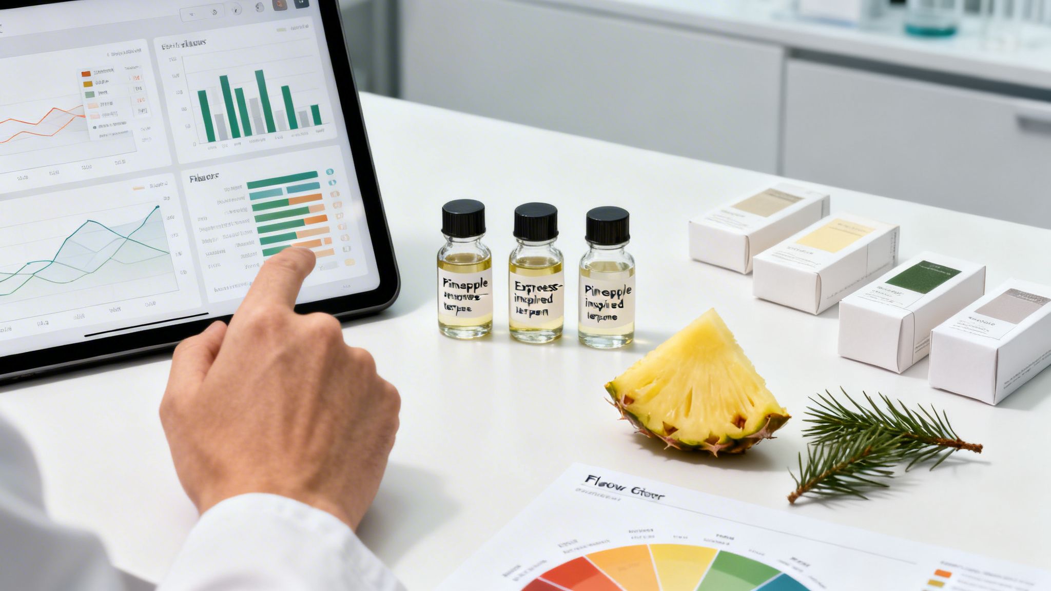 A scientist reviews data on a tablet in a lab with pineapple-inspired scent vials and fresh pineapple.