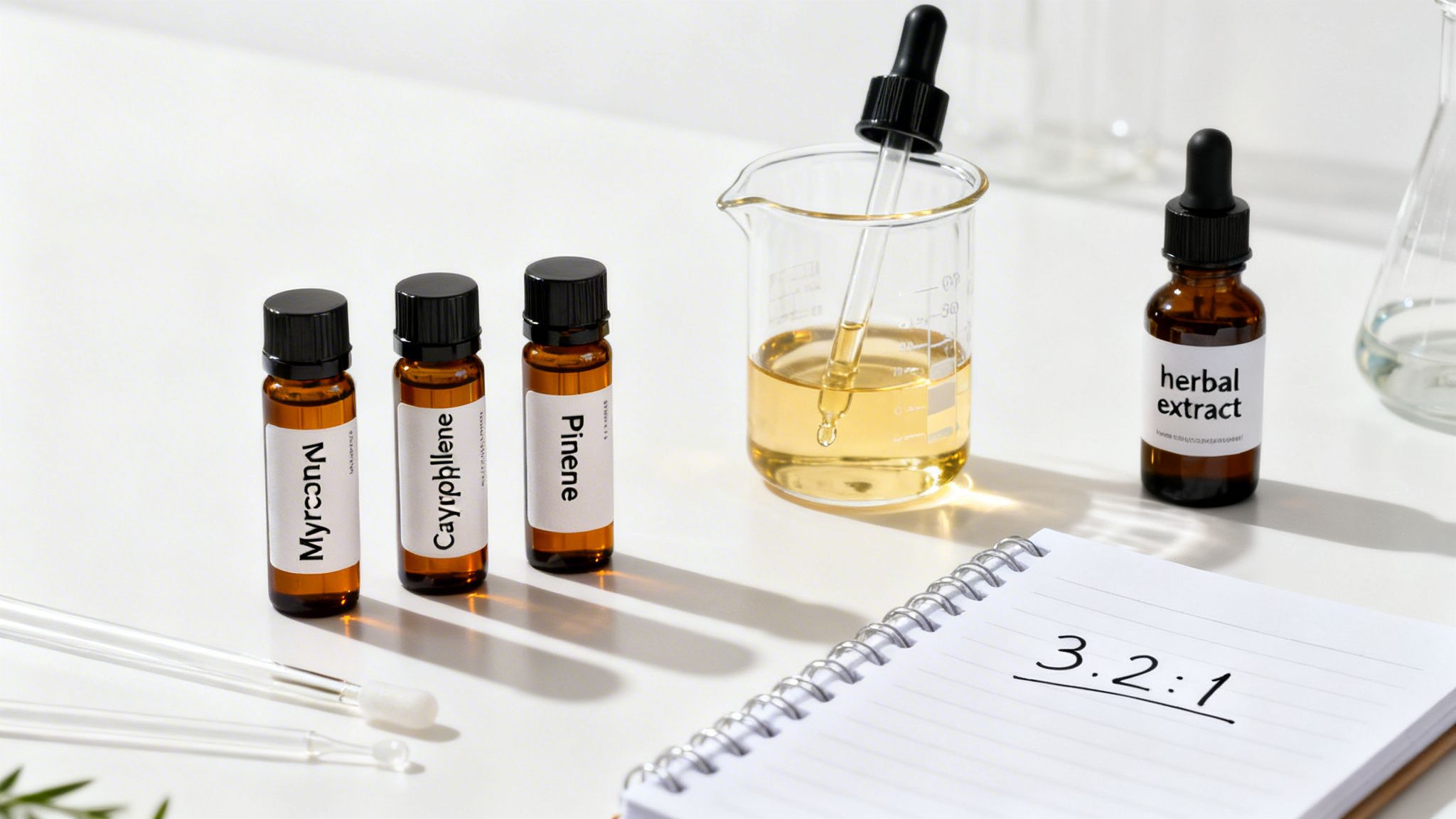 Amber bottles of Myrcene, Caryophyllene, and Pinene terpenes with lab equipment and notebook.