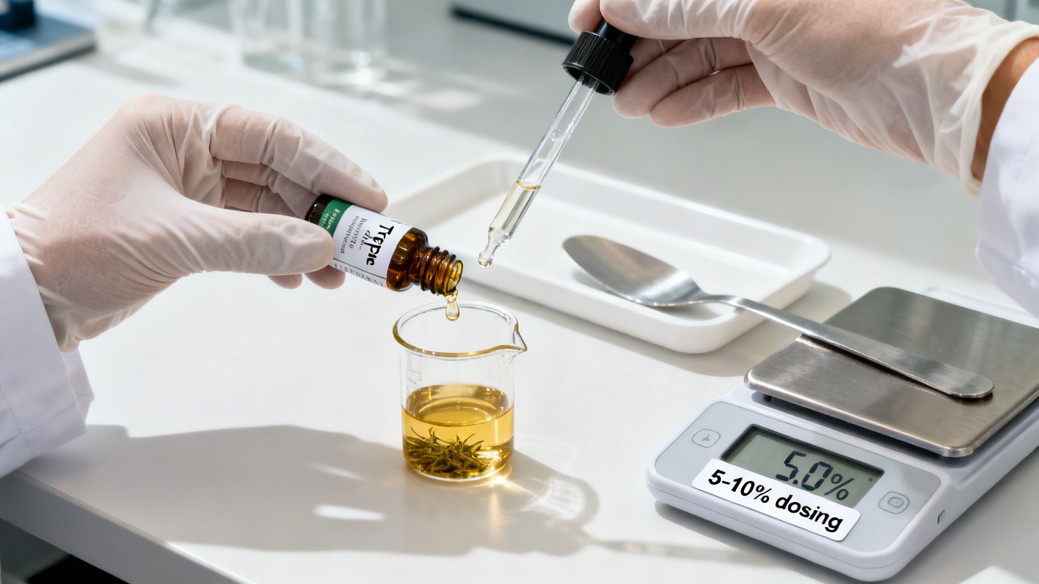 Gloved hands in a lab coat precisely measure liquid concentrate from a Treppie bottle into a beaker, with a scale showing 5.0% dosing.