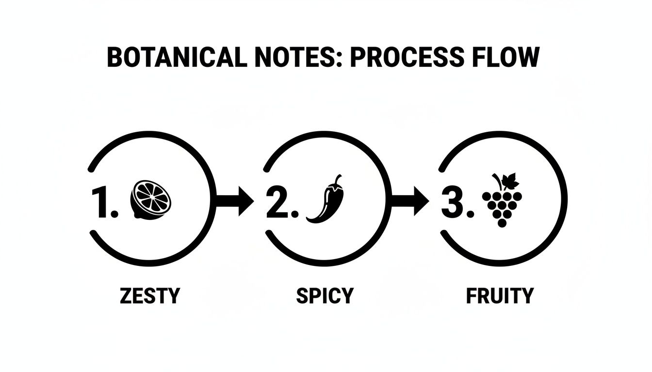 A botanical notes process flow with zesty lemon, spicy chili pepper, and fruity grapes.