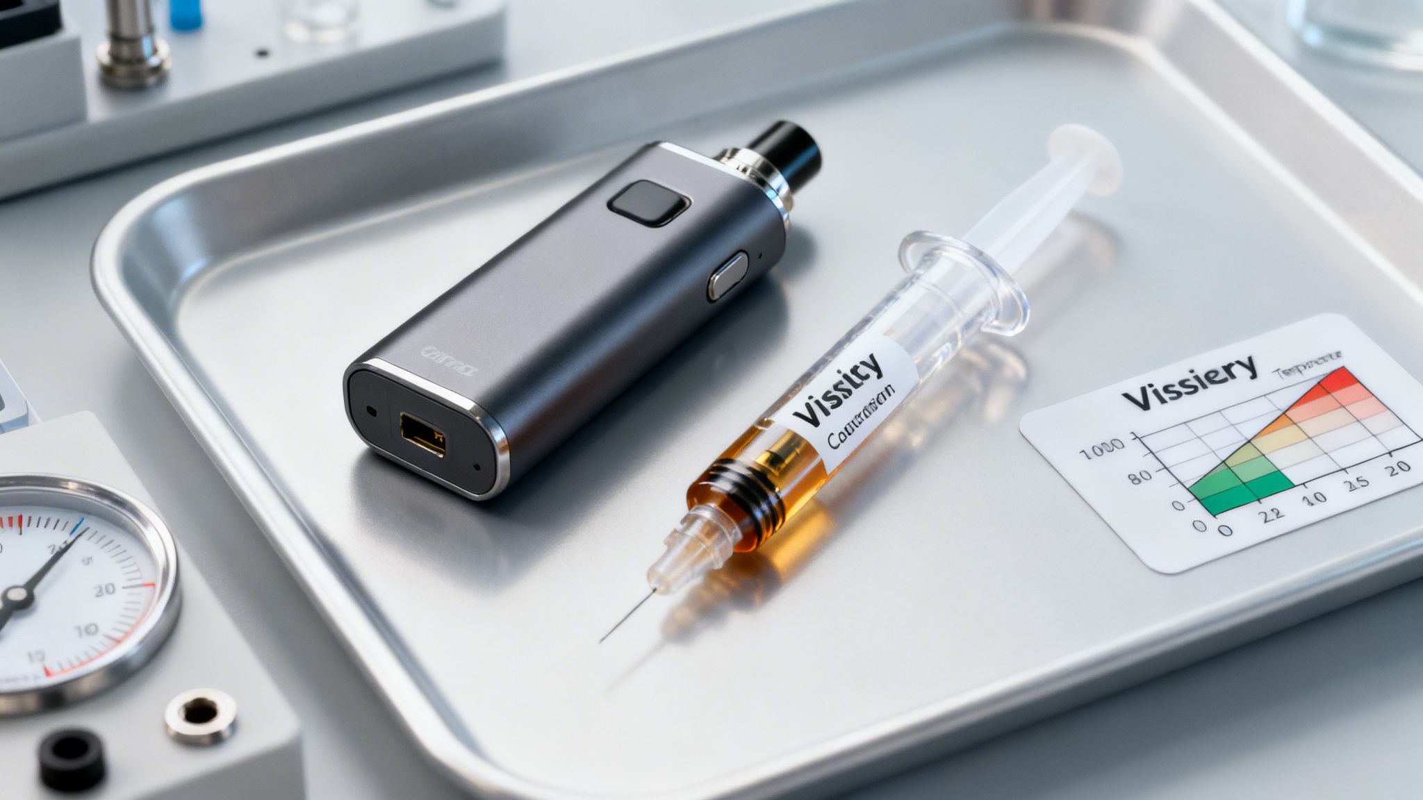 A vape pen, a syringe with amber liquid, and a temperature chart on a sterile lab tray.