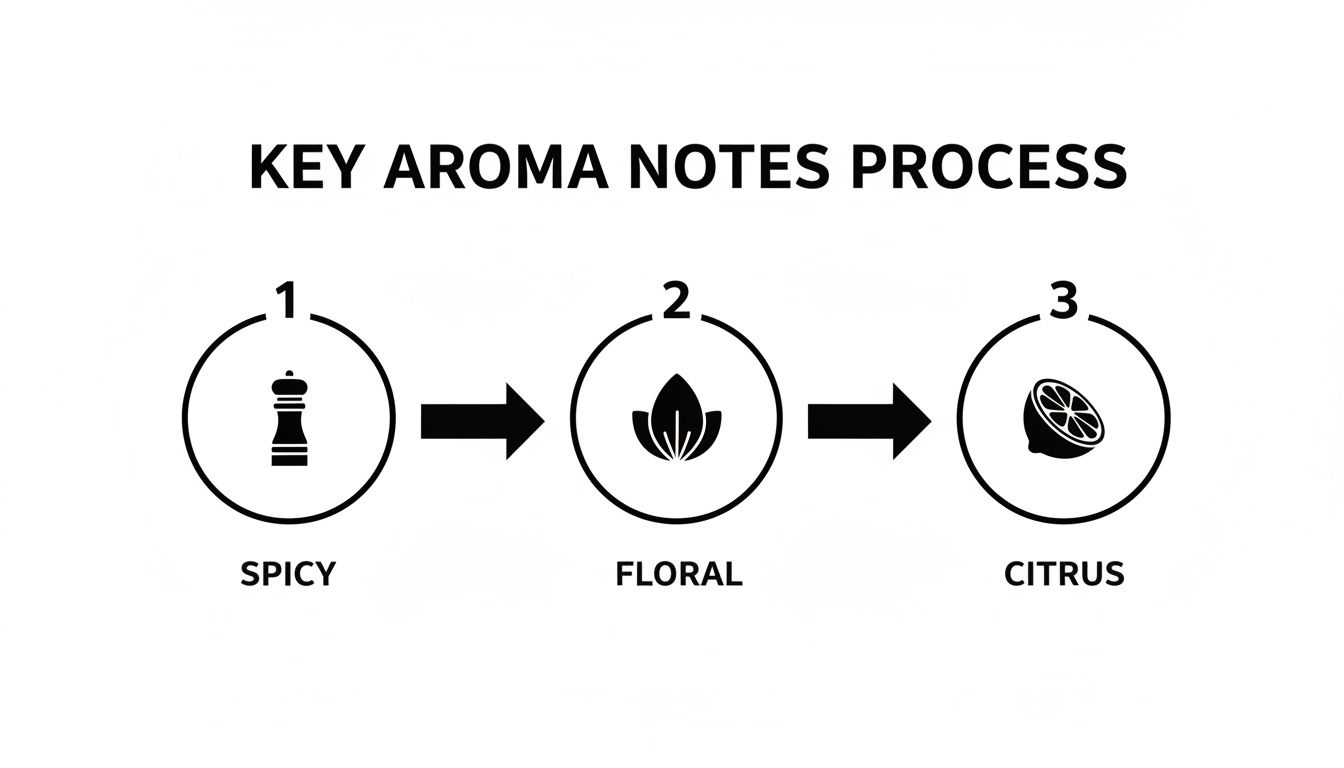 Diagram showing the key aroma notes process: Spicy, Floral, and Citrus in sequential steps.
