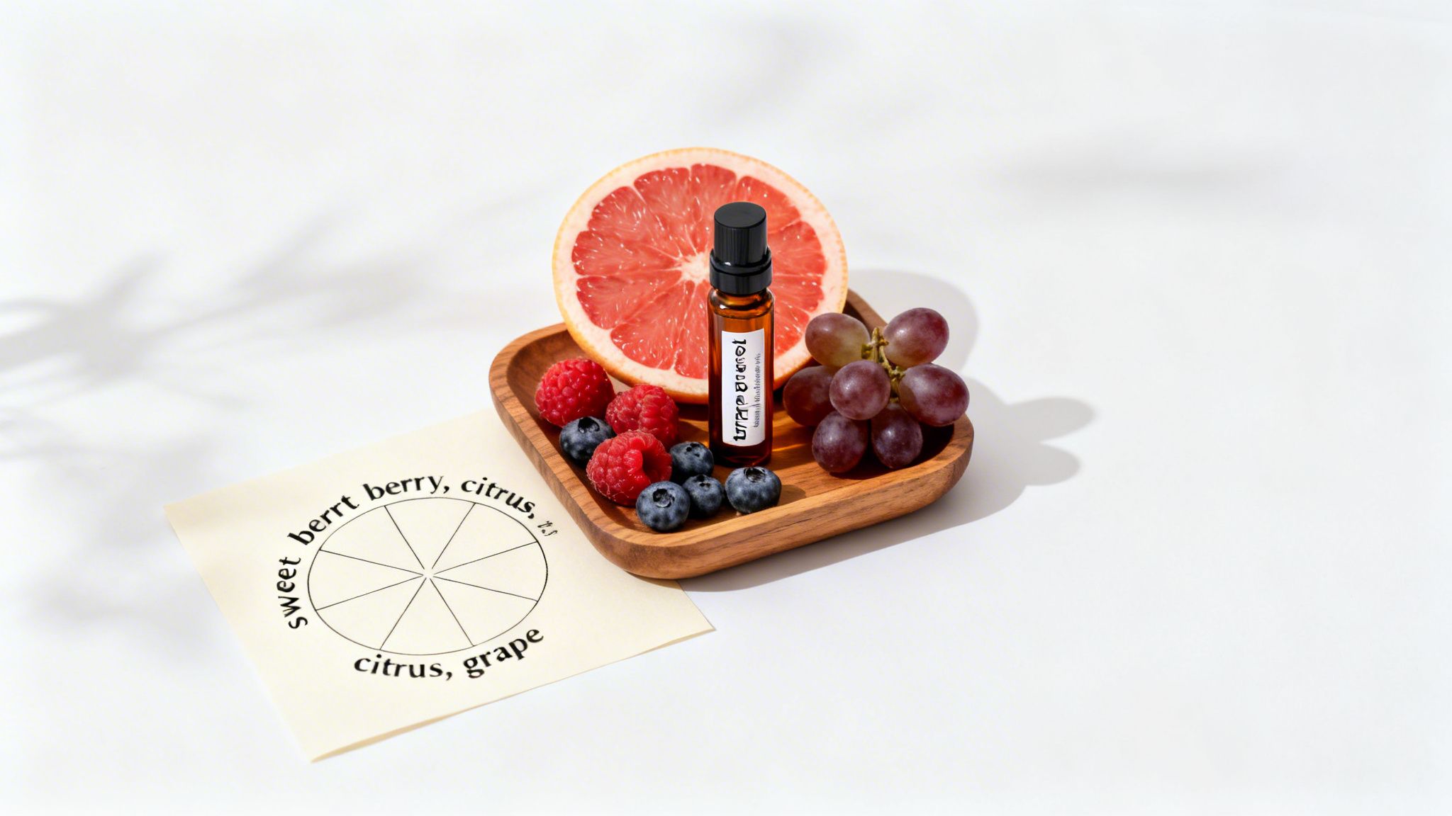 An amber essential oil bottle on a wooden tray with grapefruit, berries, grapes, and a scent chart.