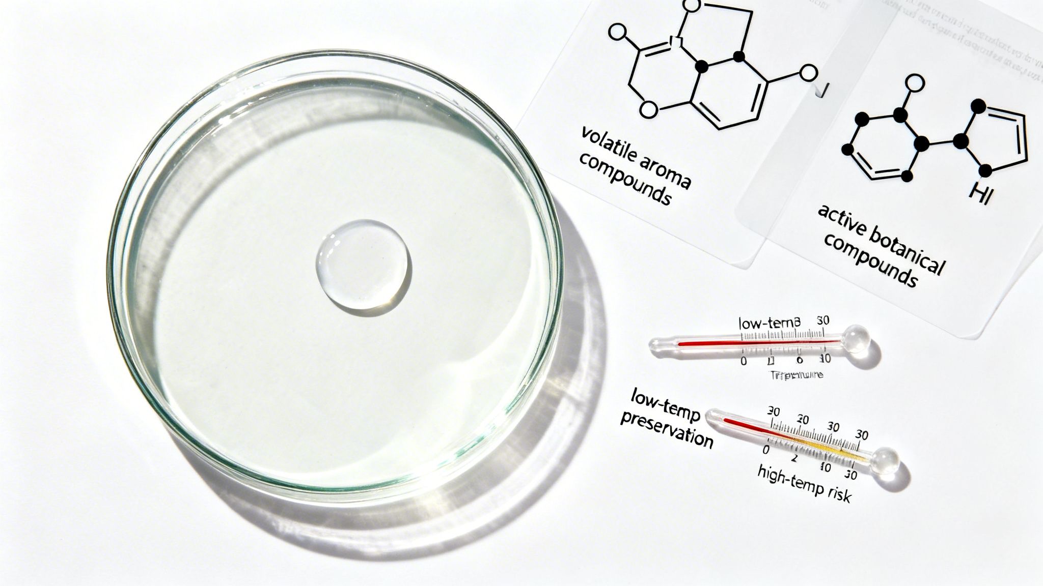 A petri dish, chemical compound cards, and thermometers illustrating chemical research and temperature effects.