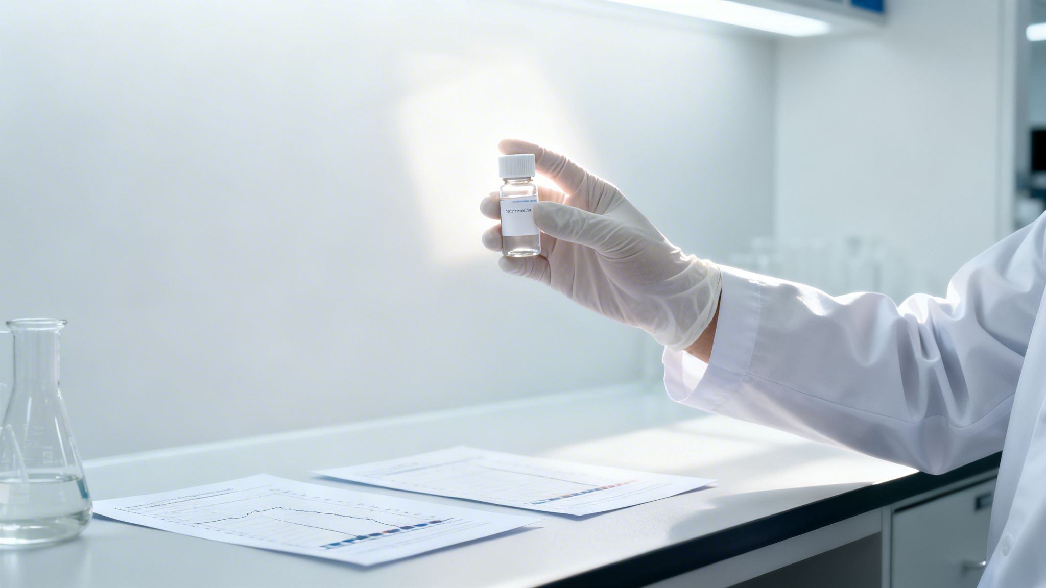 A gloved scientist holds a small glass vial with a white label in a bright, modern laboratory.