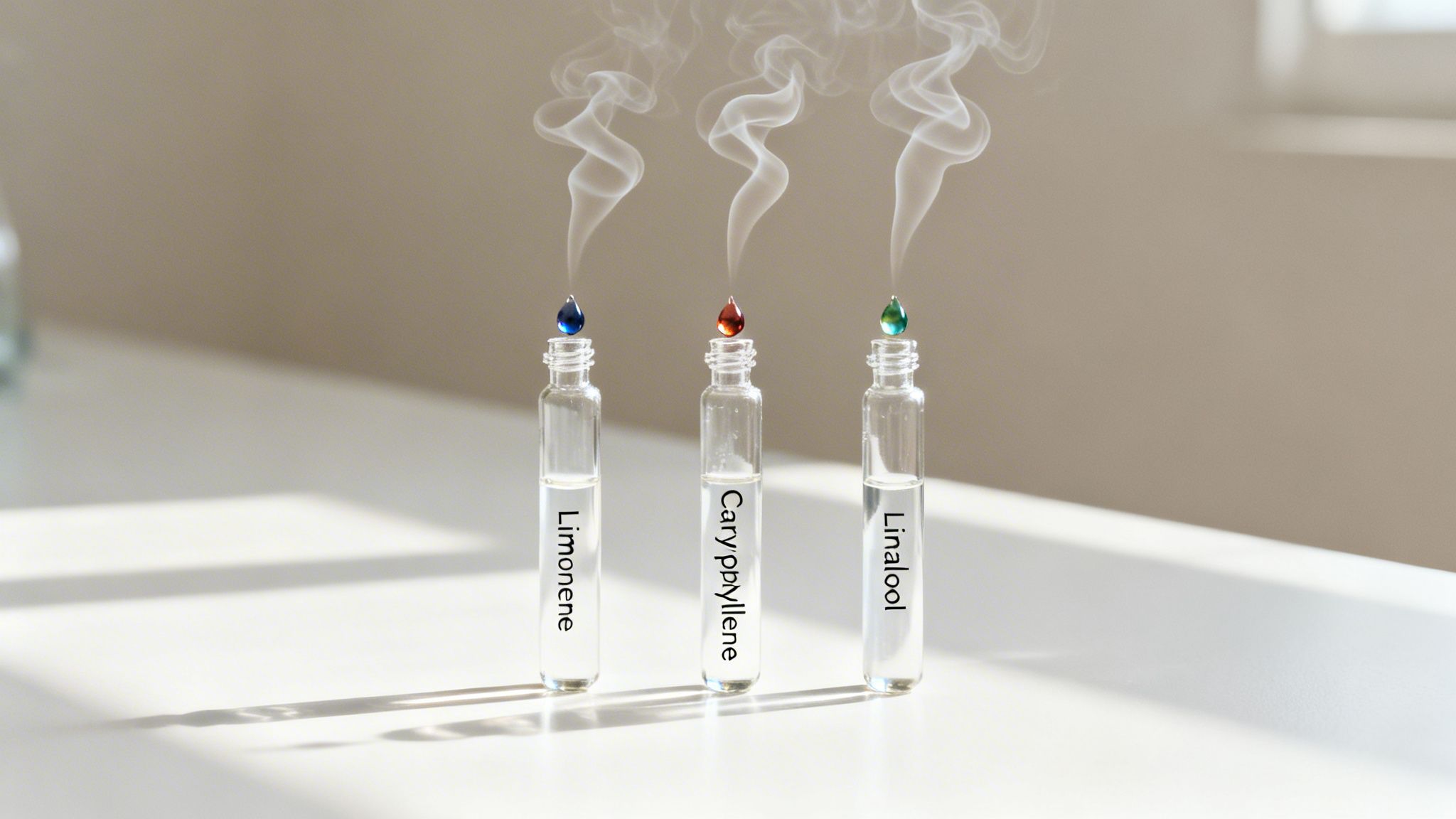 Three clear vials with blue, red, and green drops emitting smoke, labeled Limonene, Caryophyllene, and Linalool.