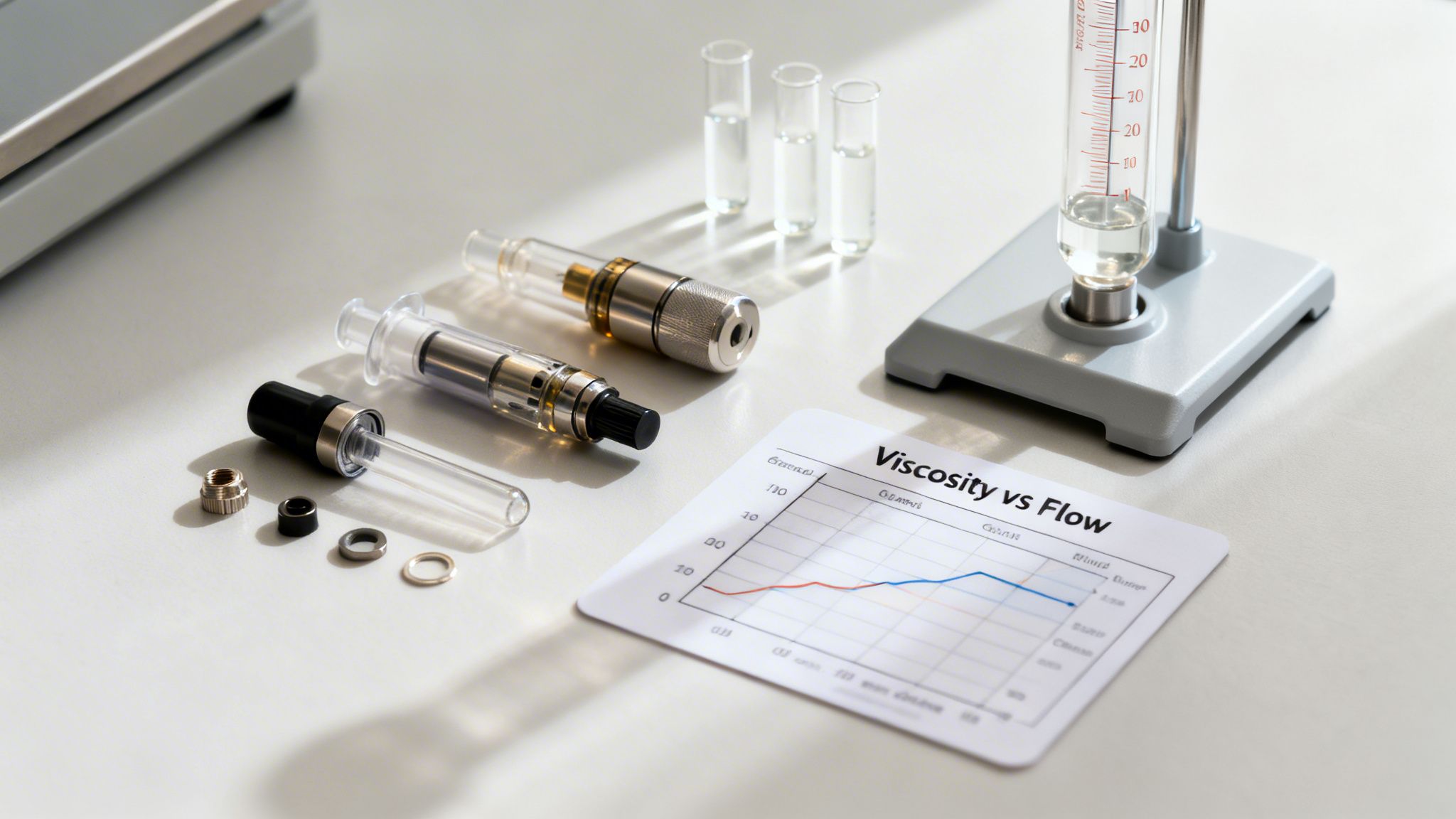 Scientific lab desk with test tubes, flow meter, syringes, and a viscosity flow chart.