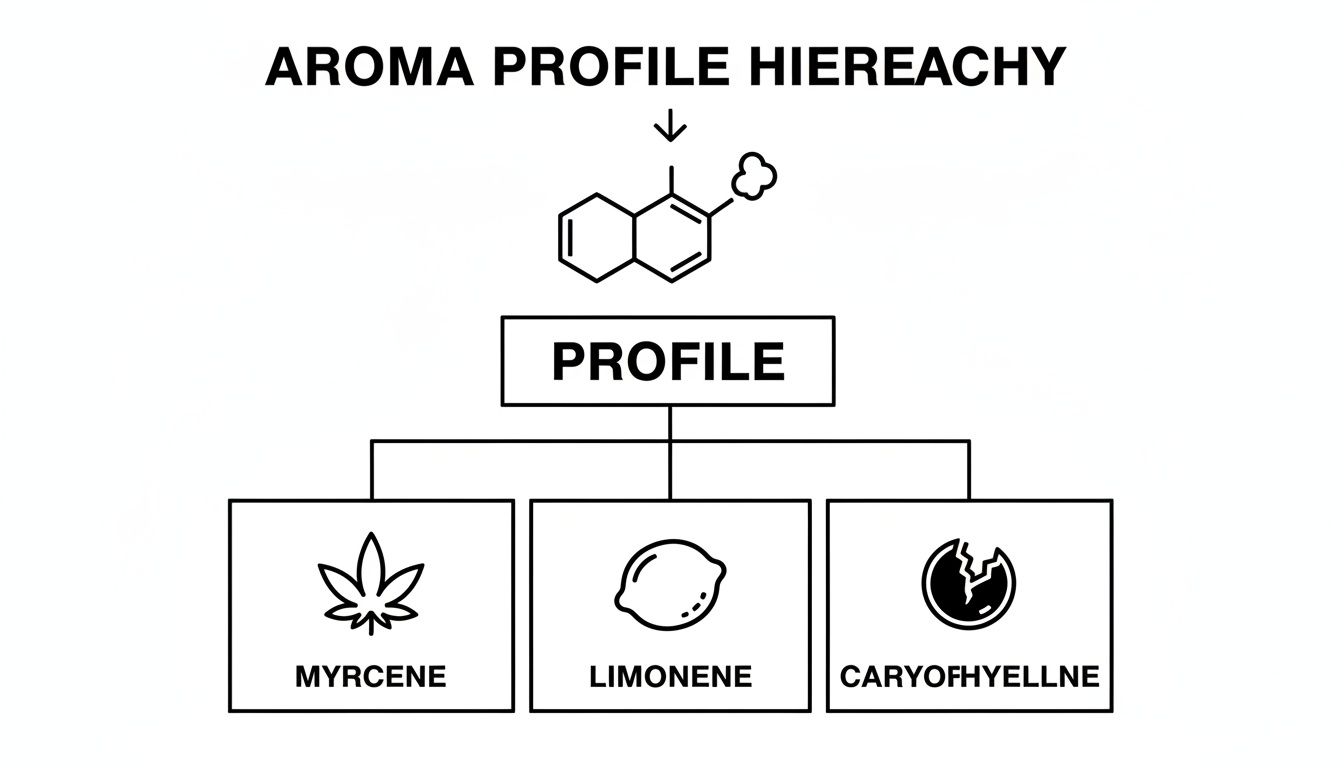 Diagram illustrating an aroma profile hierarchy, breaking down a profile into Myrcene, Limonene, and Caryophyllene terpenes.