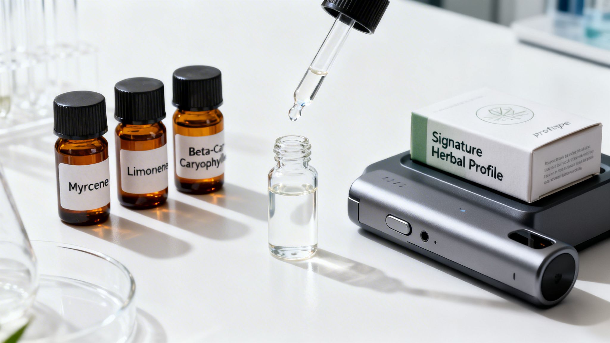 A dropper adds liquid to a small vial, surrounded by labeled terpene bottles and a 'Signature Herbal Profile' device in a lab.