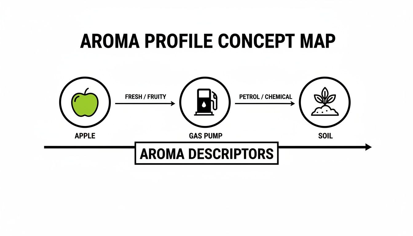 A concept map illustrating aroma descriptors, from apple (fresh/fruity) to gas pump (petrol/chemical) and soil.