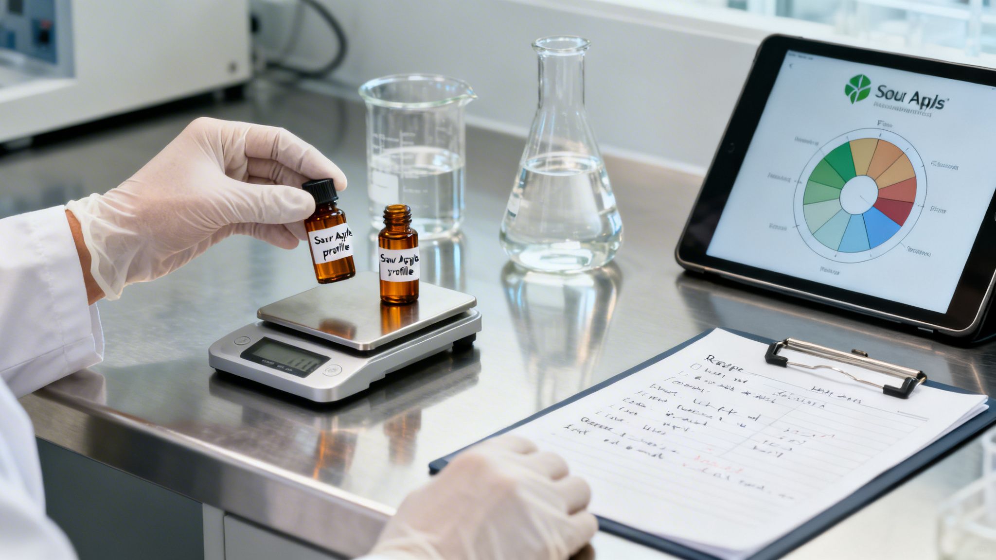 A person in lab gloves measures 'Sour Apple profile' liquid, with a nutritional chart and recipe nearby.