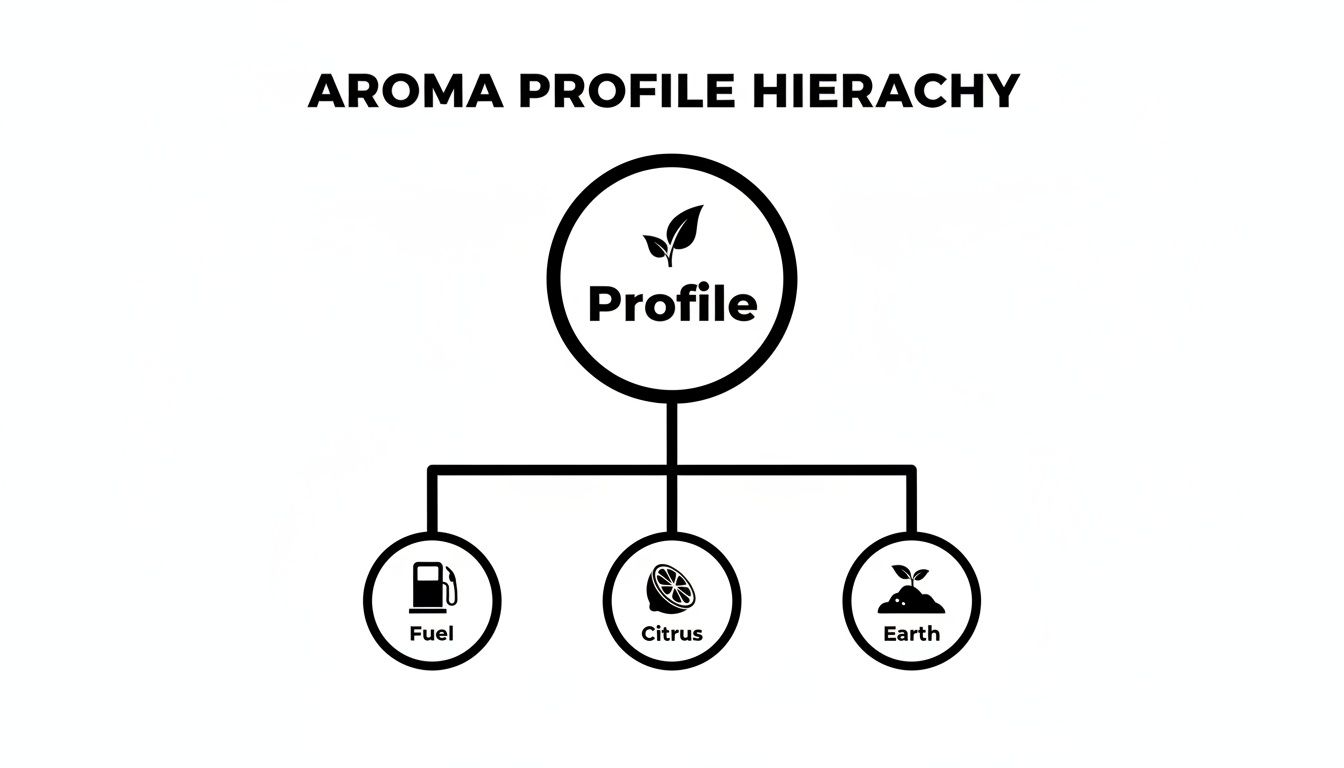 A hierarchy chart displaying aroma profiles, categorized into Fuel, Citrus, and Earth.
