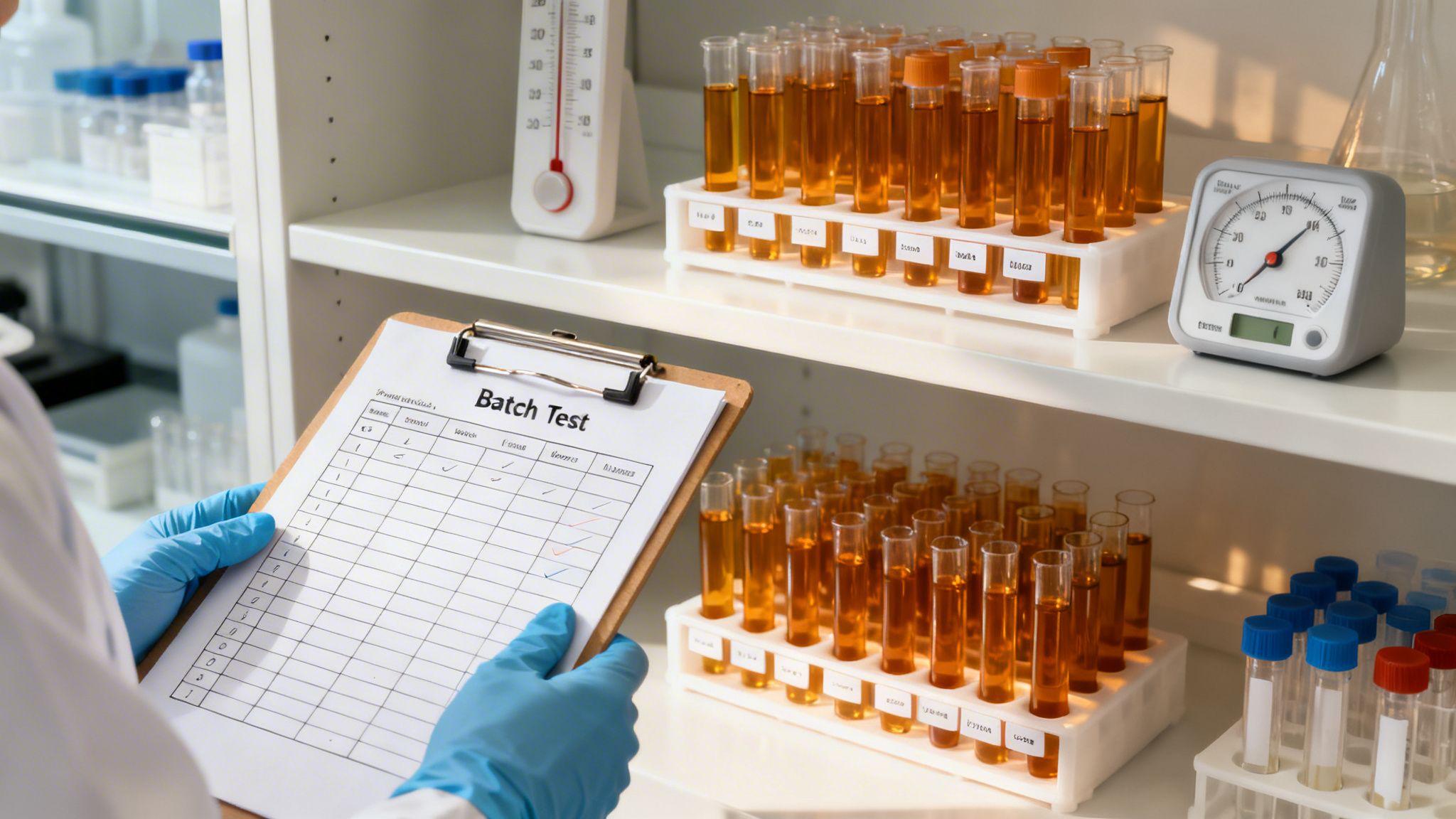 A scientist in blue gloves holds a 'Batch Test' clipboard, examining test tubes filled with amber liquid in a lab.