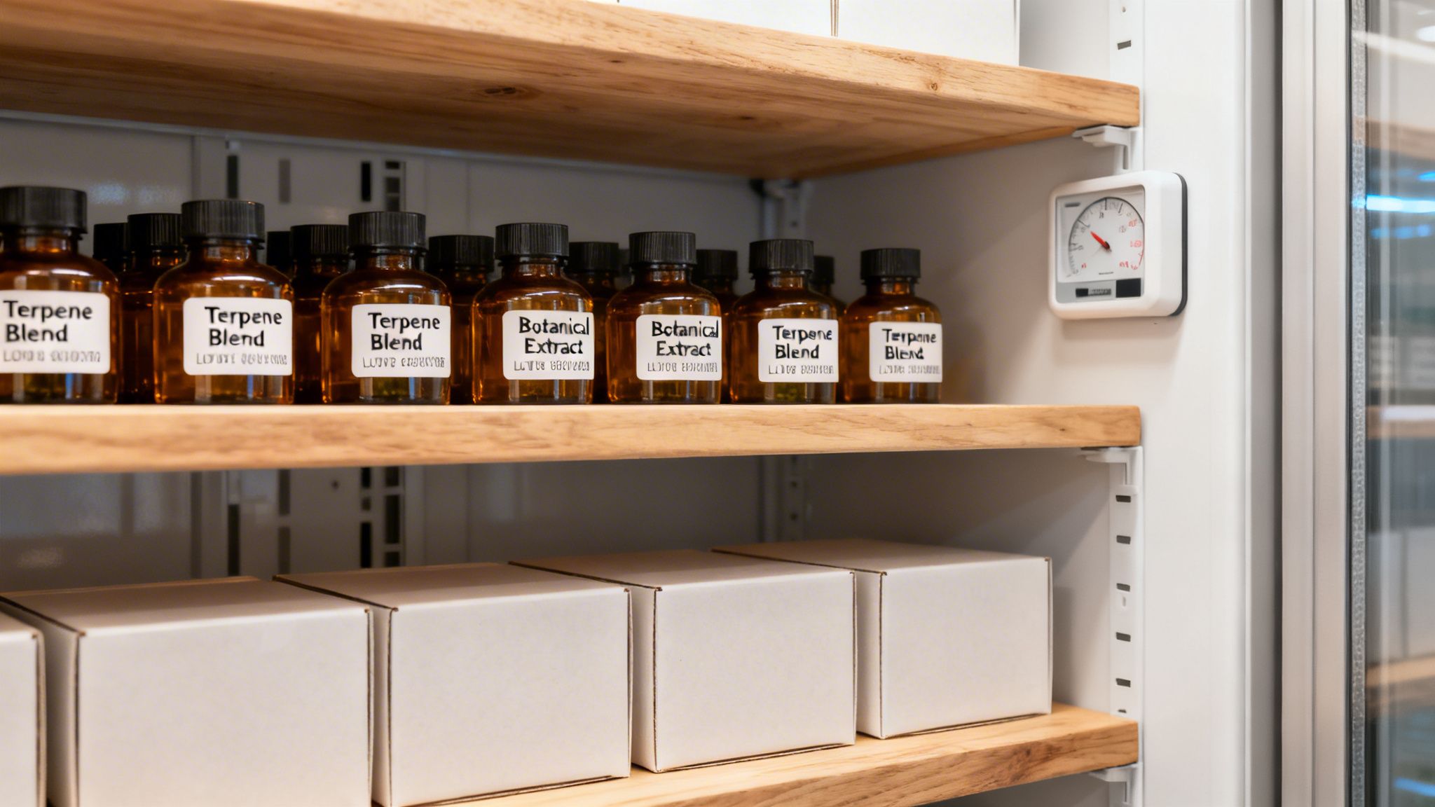 Amber bottles of terpene blends and botanical extracts on wooden shelves inside a storage cabinet with a thermometer.