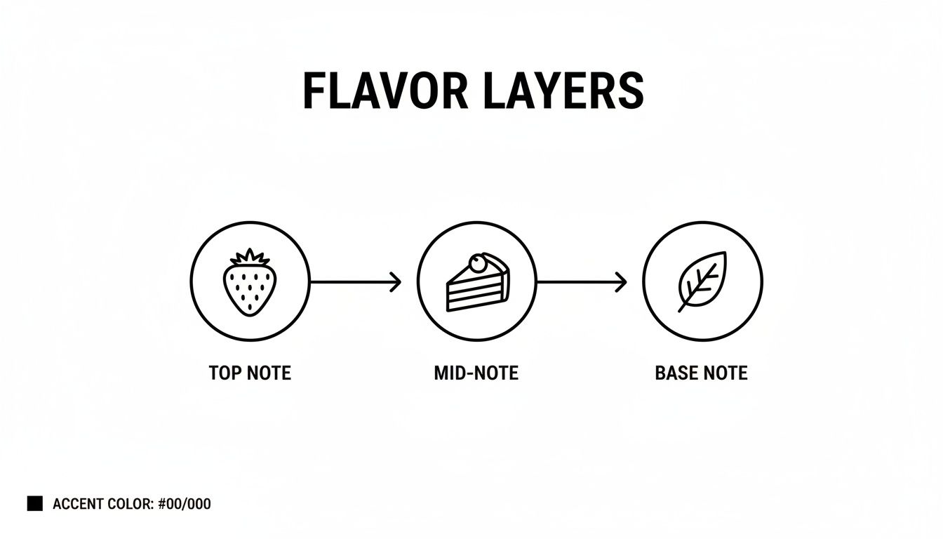 A diagram illustrating flavor layers: Top Note (strawberry), Mid-Note (cake), Base Note (leaf).