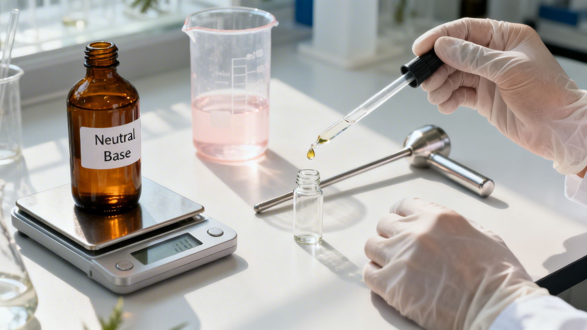 A gloved hand uses a dropper to transfer a golden liquid into a small vial in a laboratory setting.