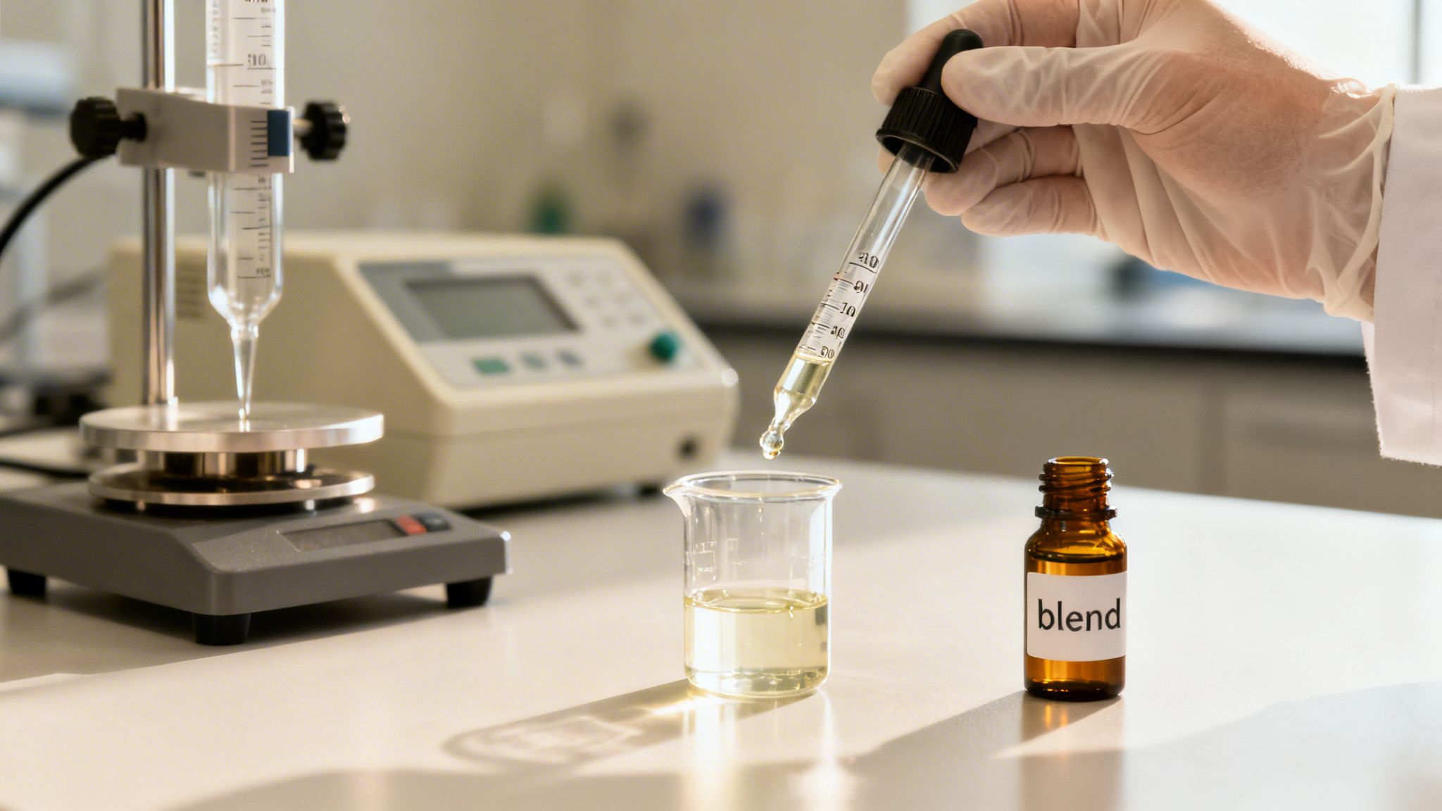 A gloved hand precisely drops a yellow liquid into a beaker, with a "blend" bottle nearby in a lab.