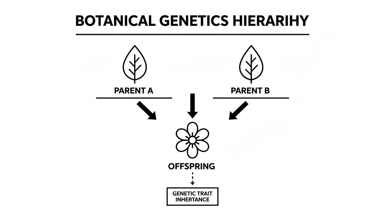 A diagram illustrating botanical genetics hierarchy, showing two parents leading to offspring and trait inheritance.
