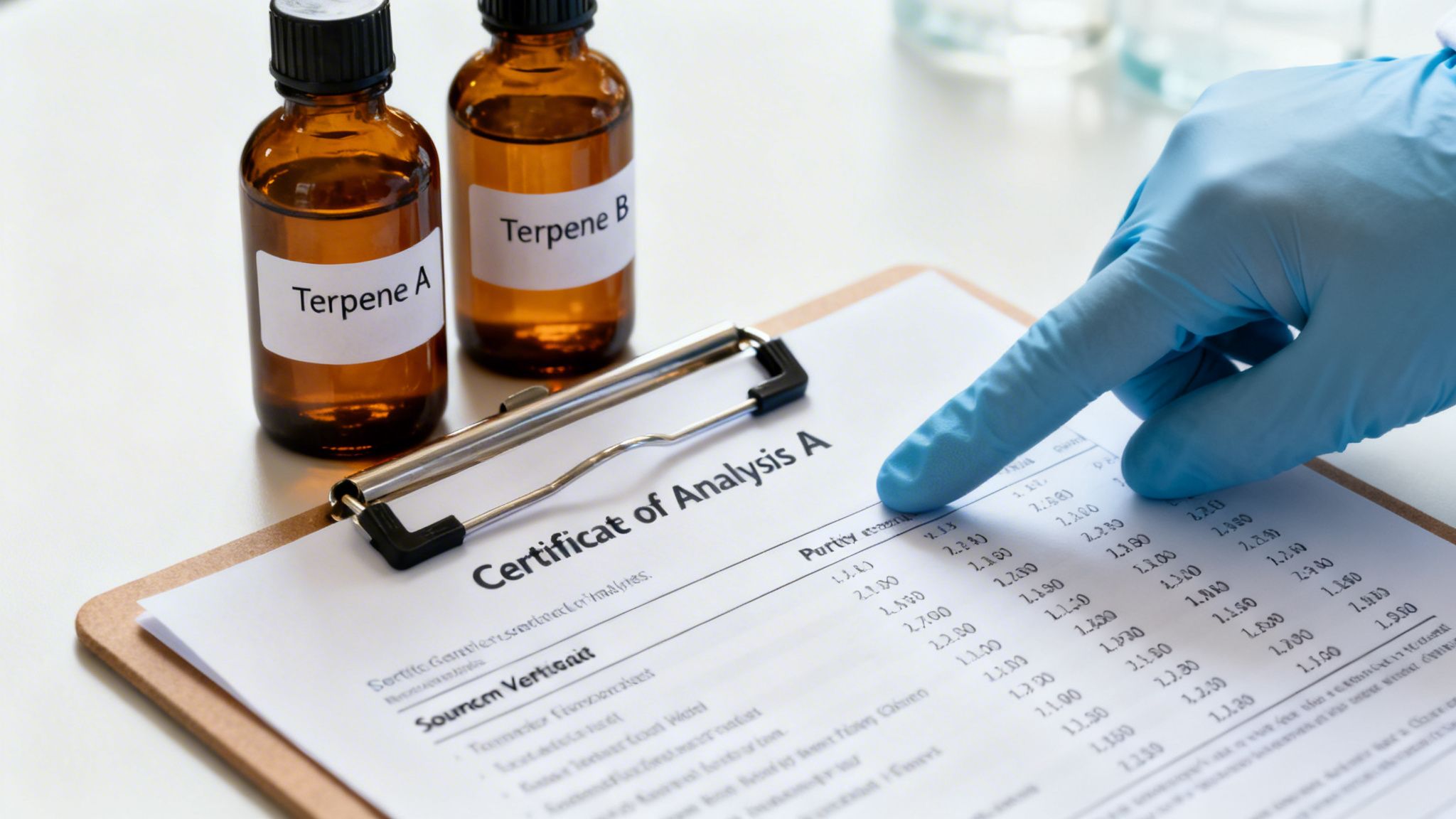 A gloved hand pointing at a 'Certificate of Analysis A' for terpenes on a clipboard in a lab setting.