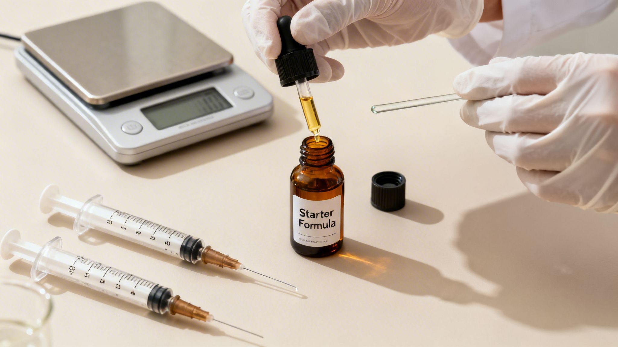 Hands in white gloves carefully dropping liquid into a 'Starter Formula' bottle, with syringes and scale on a table.