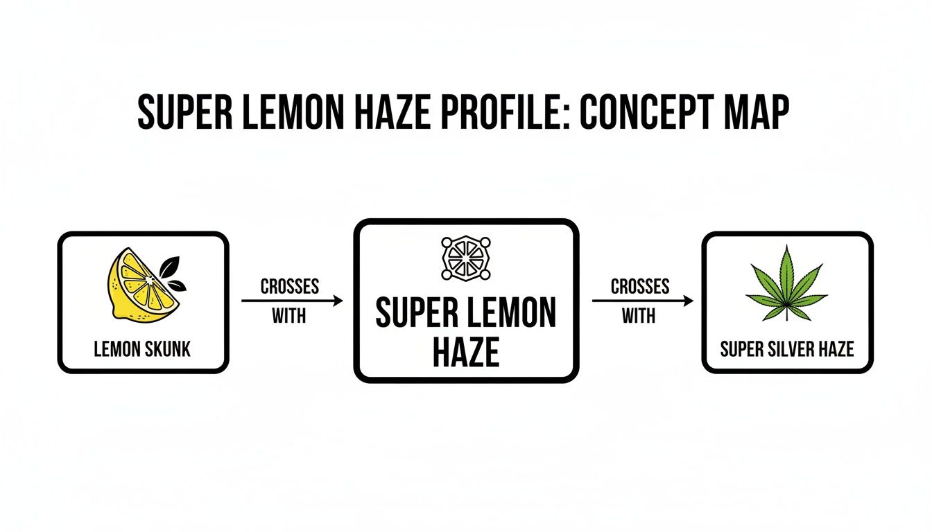 A concept map visually explaining the genetic profile of Super Lemon Haze, showing its relation to Lemon Skunk and Super Silver Haze strains.