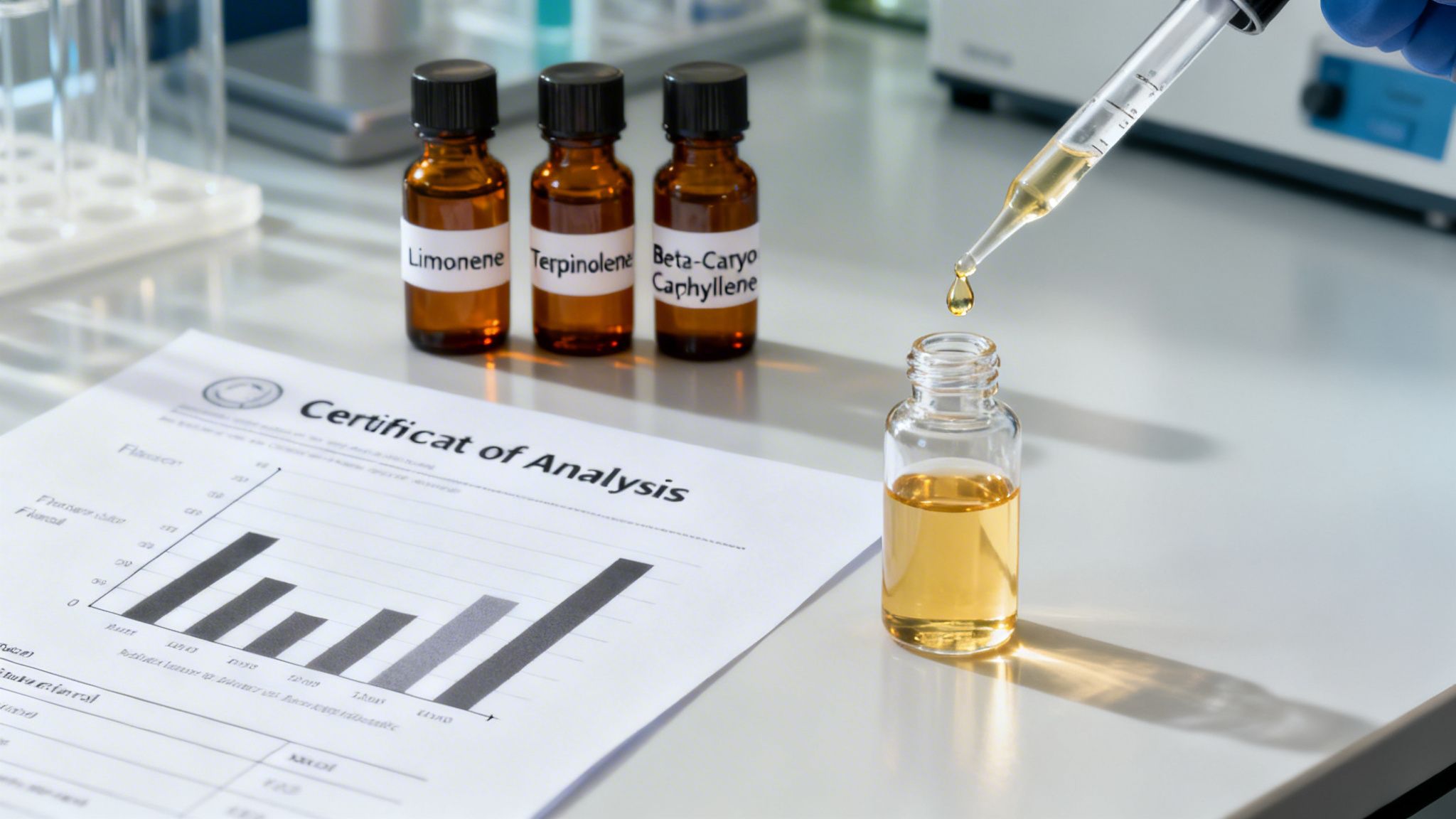A lab scene shows a dropper dispensing liquid into a vial, with terpene bottles and a Certificate of Analysis document.