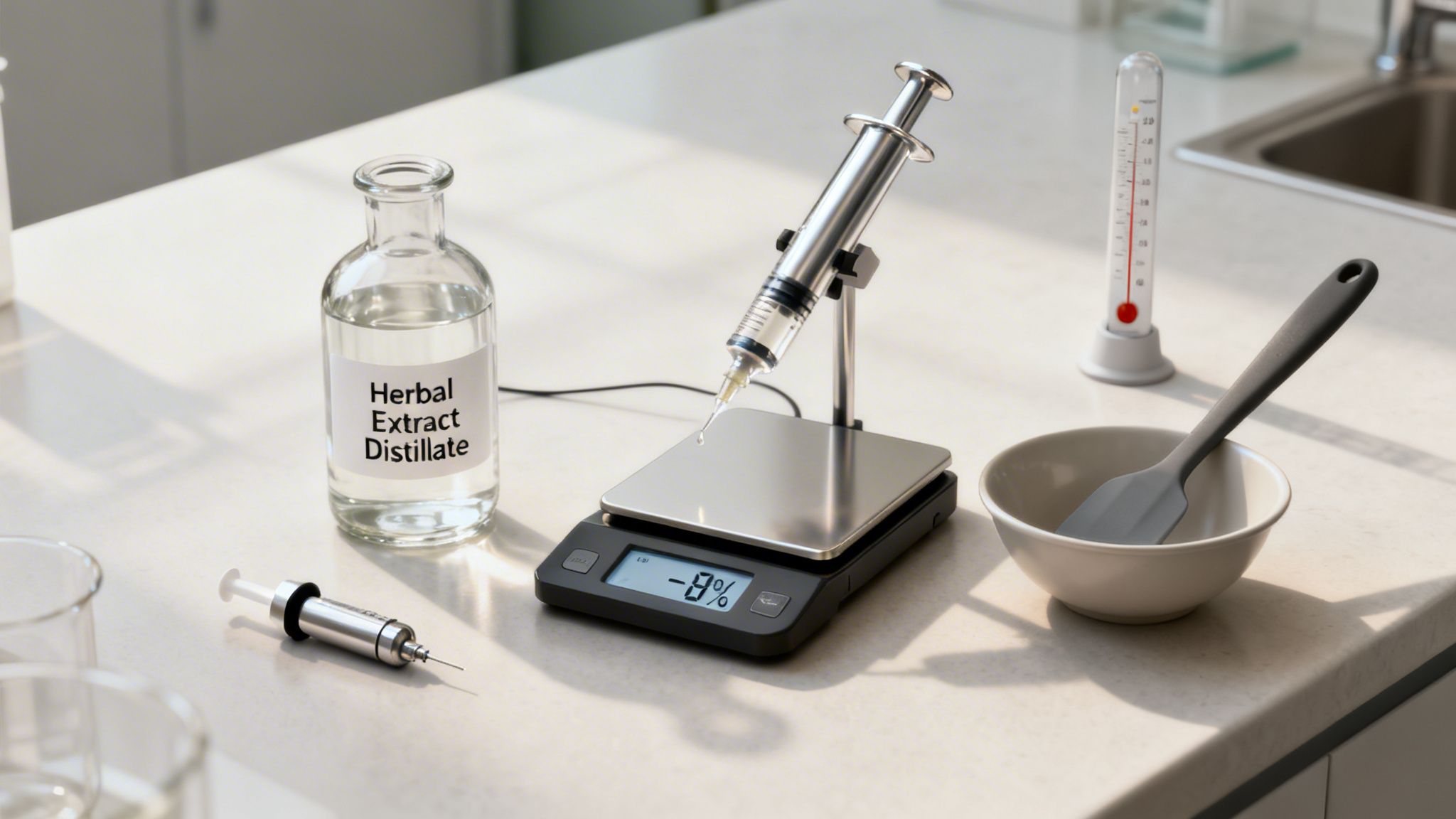 Measuring herbal extract distillate with a syringe on a digital scale amidst lab equipment.