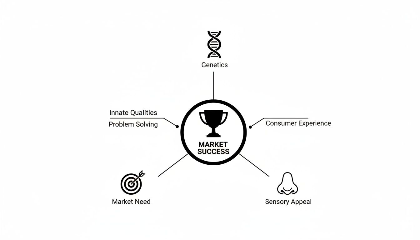 Diagram illustrating market success factors, including genetics, innate qualities, consumer experience, sensory appeal, and market need.