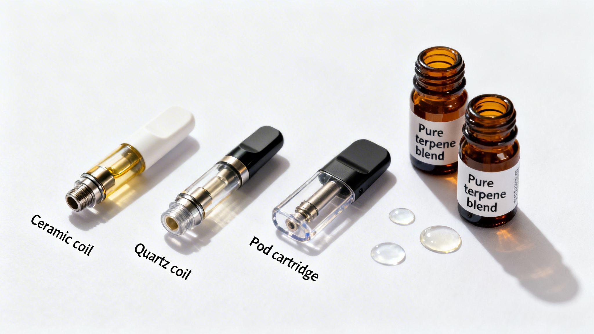 Various vape cartridges including ceramic, quartz, and pod types, with pure terpene blend bottles and liquid drops.
